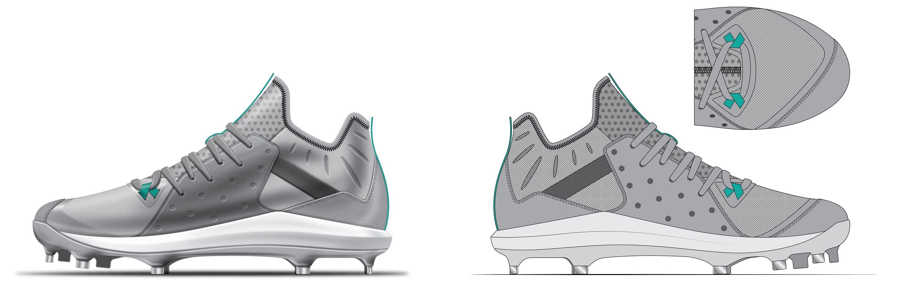 Second-round render of a grey sock-collar cleat with mint lace accents, lateral and medial views side by side, with a top view of the lacing.