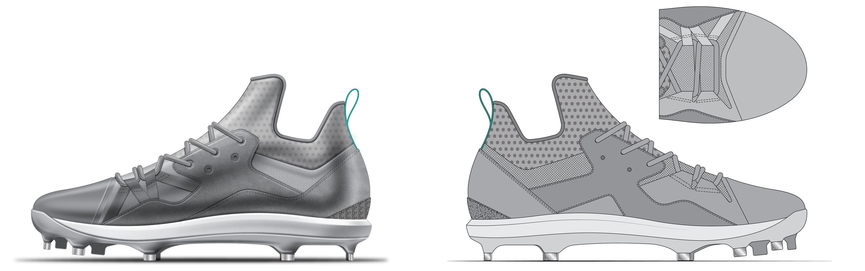 Second-round render of a dark grey sock-collar cleat with a mint-edged heel tab, lateral and medial views side by side, with a top view of the lacing.