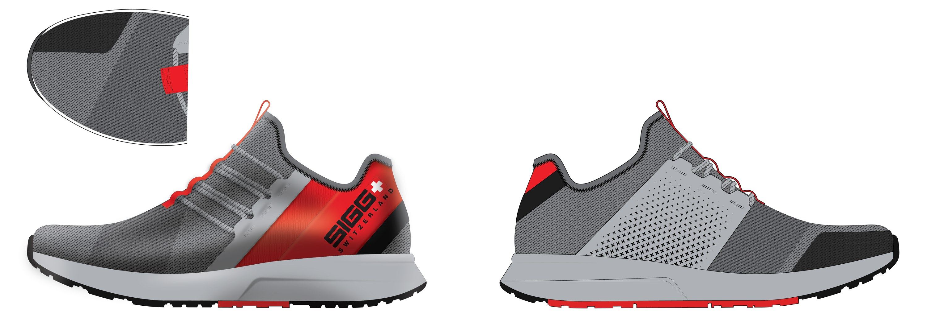 Gym Run A rendering in grey with a red diagonal band and SIGG wordmark, shown from both sides with a top-down view of the toe.