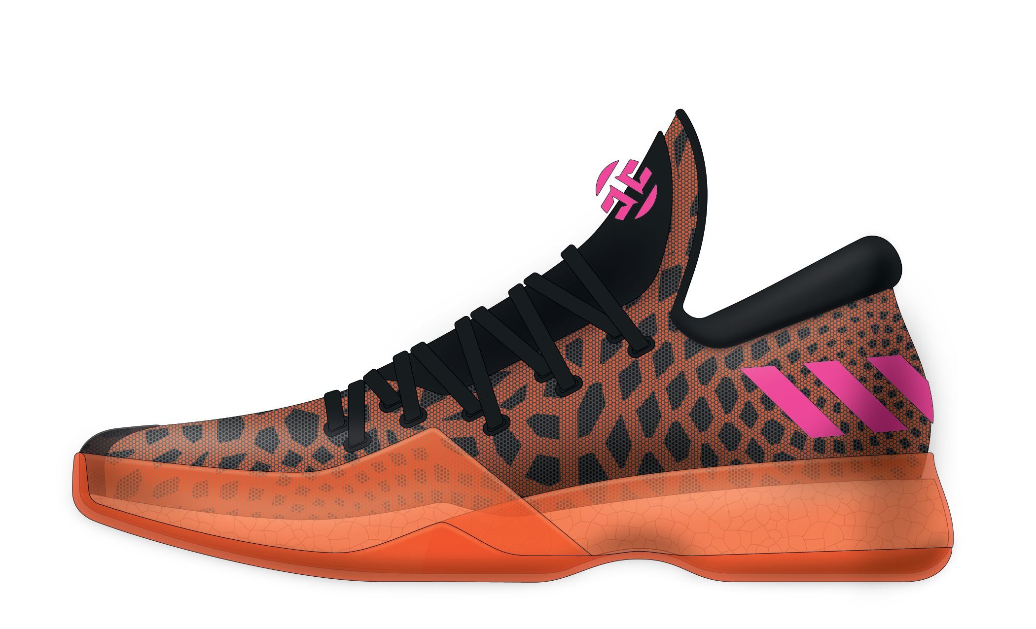 Harden BTE rendering, lateral side, in orange and black with pink stripes and a translucent orange stabilizer.