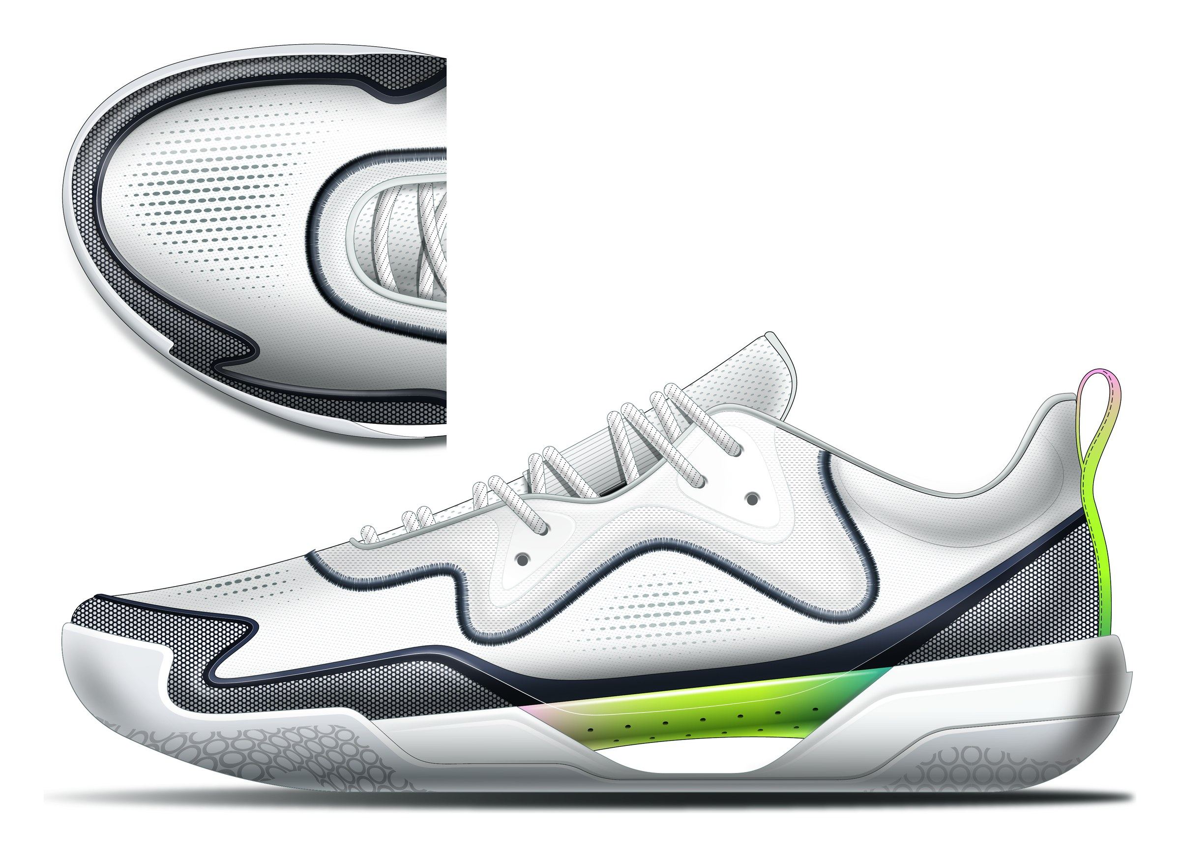Rendering of the low-top in white with a wave-shaped navy overlay and a lime midsole window, with a top-down view of the toe.