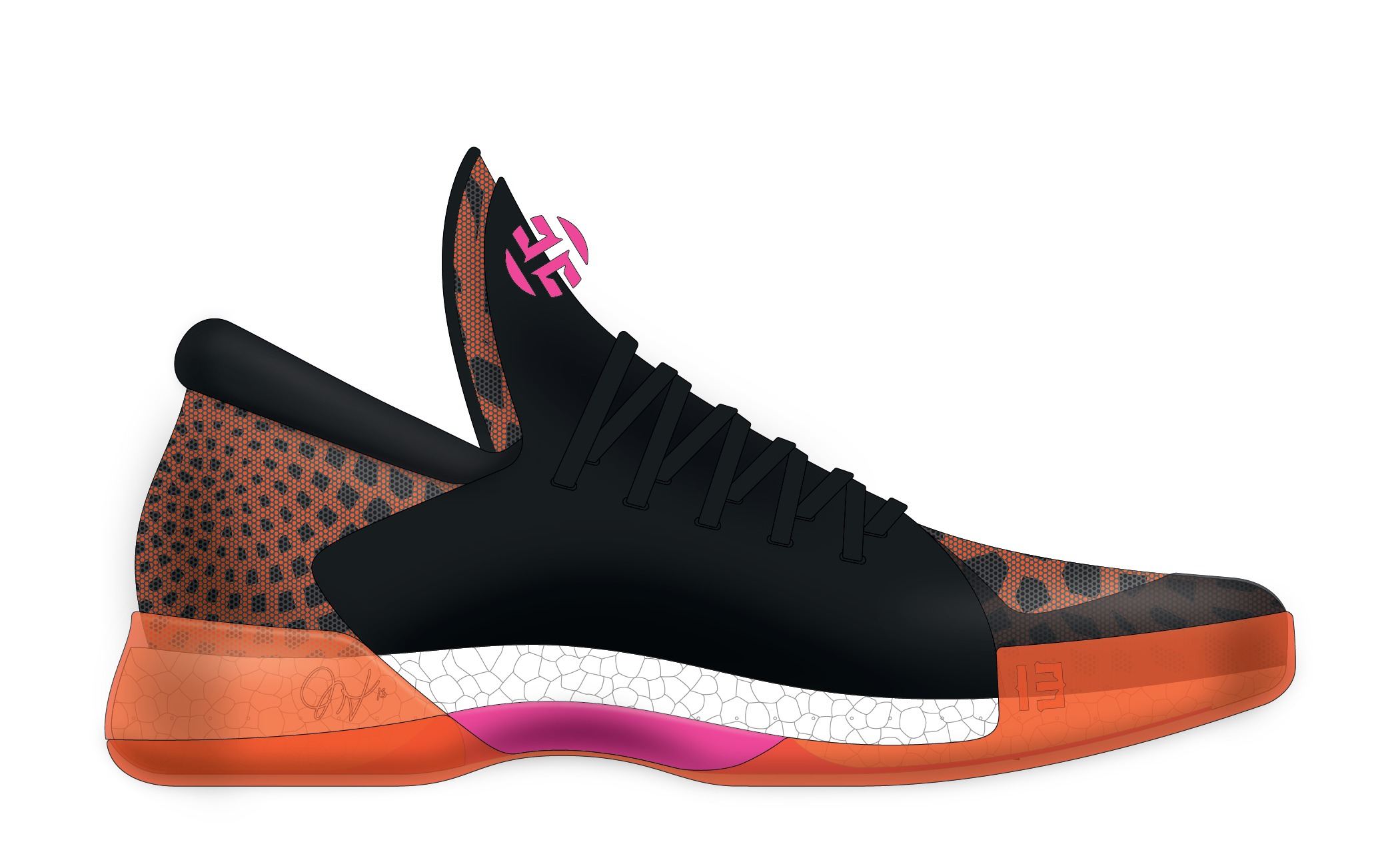 Harden BTE rendering, medial side, with a black leather midfoot shroud over the patterned upper and a pink midfoot window.