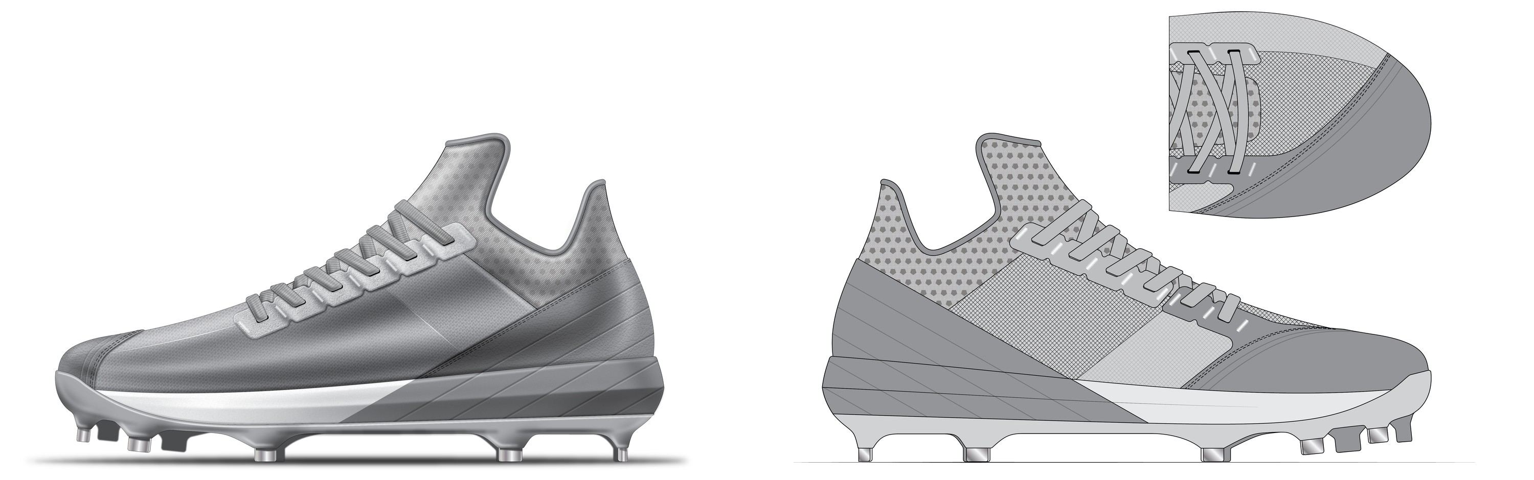Second-round render of a grey sock-collar cleat with a tonal grey midsole, lateral and medial views side by side, with a top view of the lacing.
