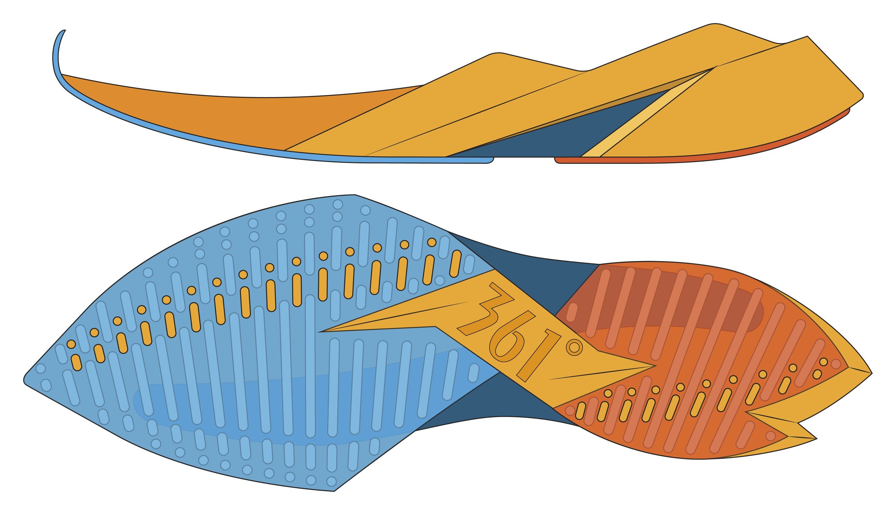 Outsole line art in blue, orange, and red with a 361° logo at the forefoot, above a side view of the midsole.