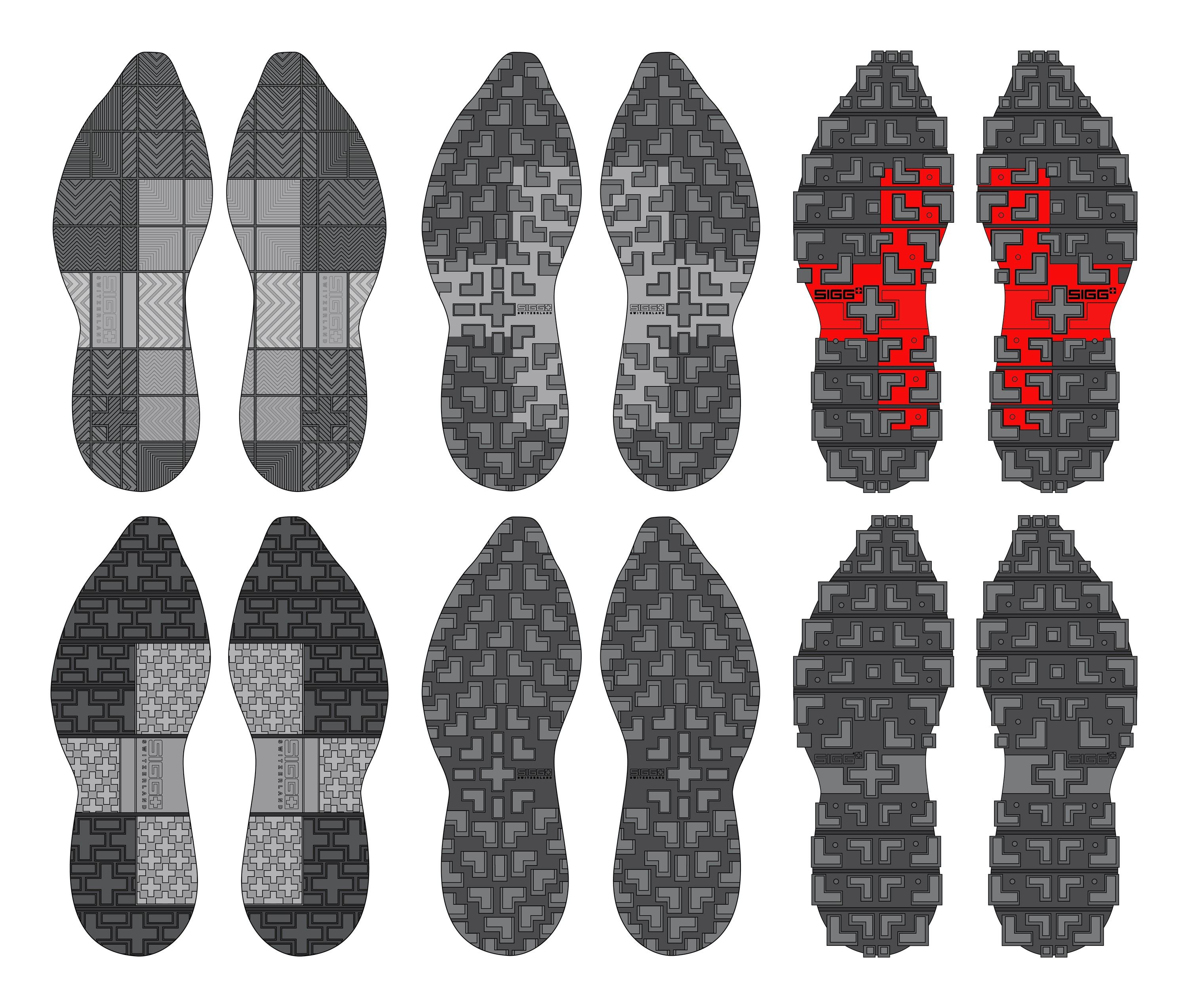 Six pairs of outsole renderings in grey, black, and red, in two rows of three, with traction patterns built from Swiss crosses.