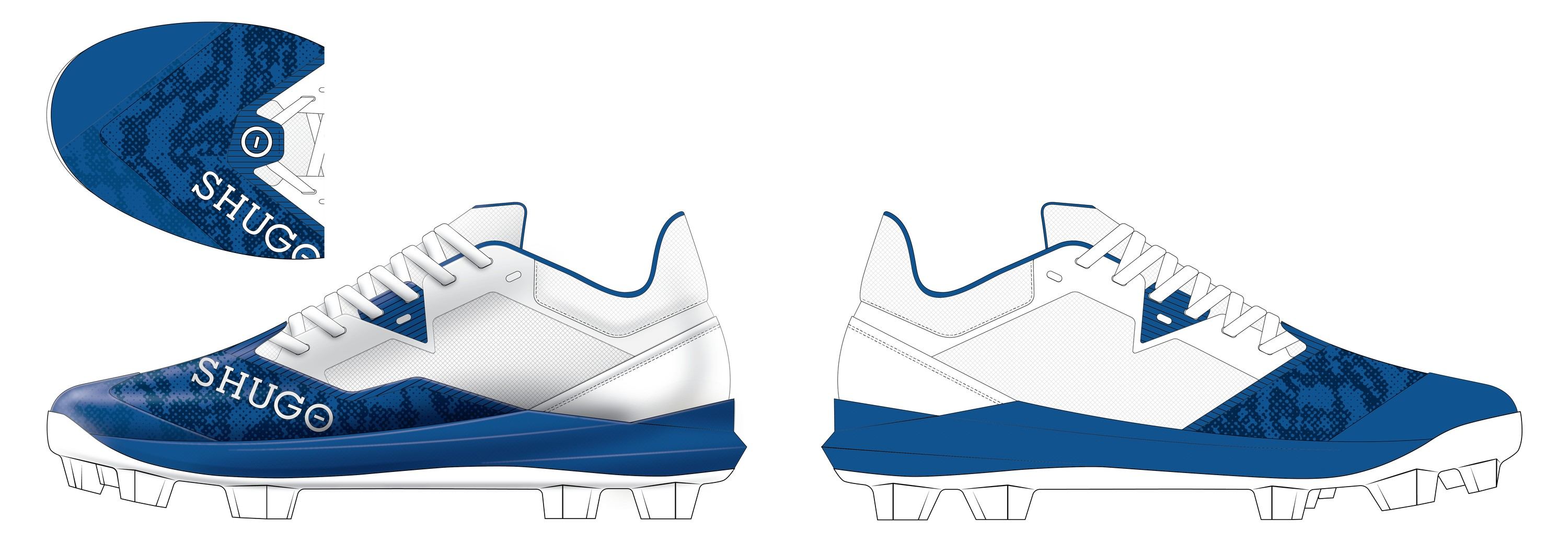 Second-round render of the KAI 1 Core TPU in white and royal blue with a blue snakeskin print and SHUGO wordmark, lateral and medial views side by side, with an outsole inset.