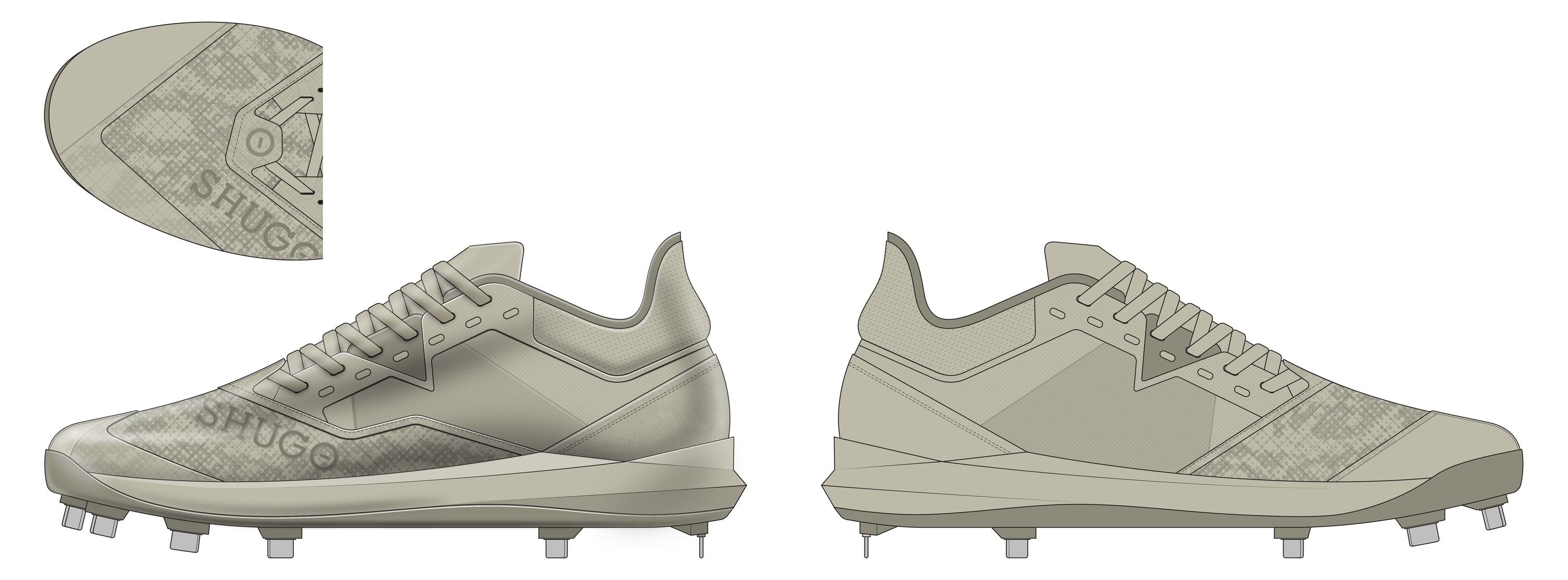 Second-round render of the KAI 1 in tan with a tonal camo print, lateral and medial views side by side, with an outsole inset.