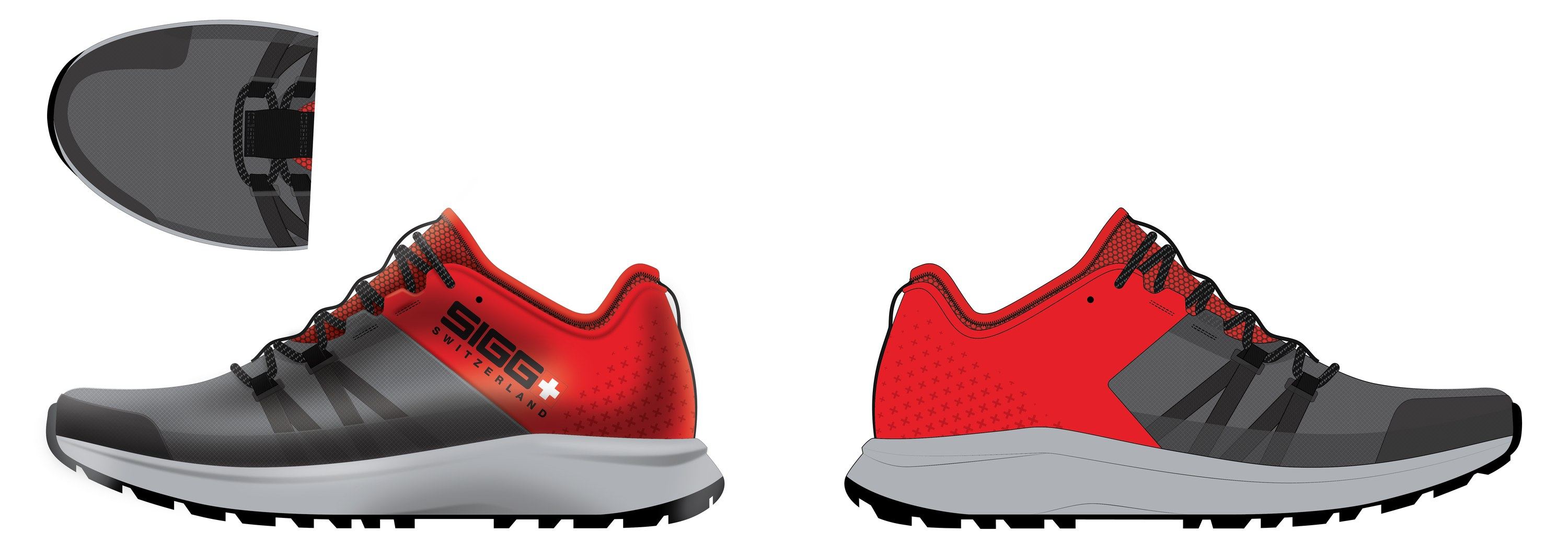 Trail Run A rendering in grey and red with a lugged outsole, shown from both sides with a top-down view of the toe.