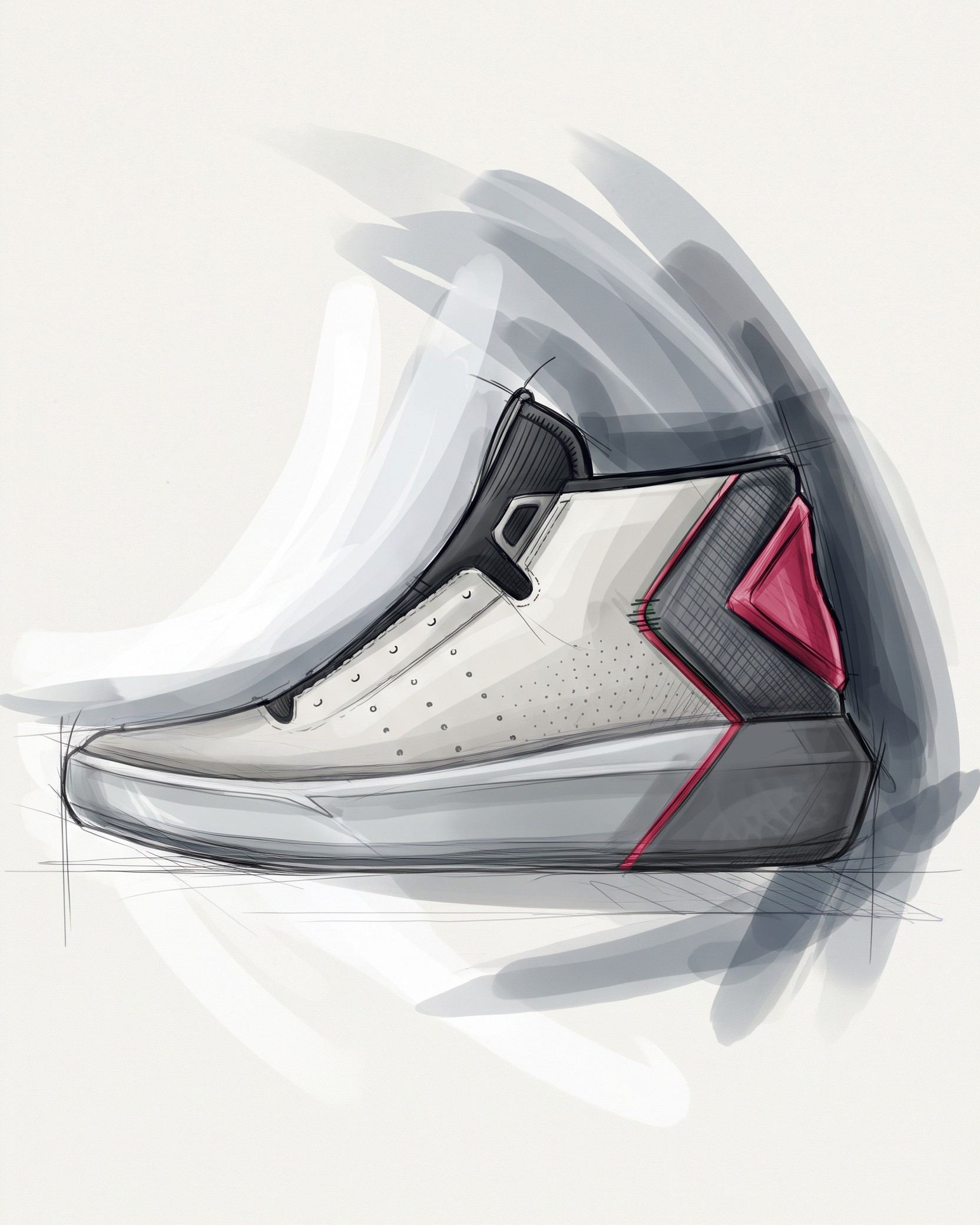 Marker rendering of the Northrup in white and grey, with perforated quarters, a black collar wrap and a red chevron at the heel, over grey speed strokes.