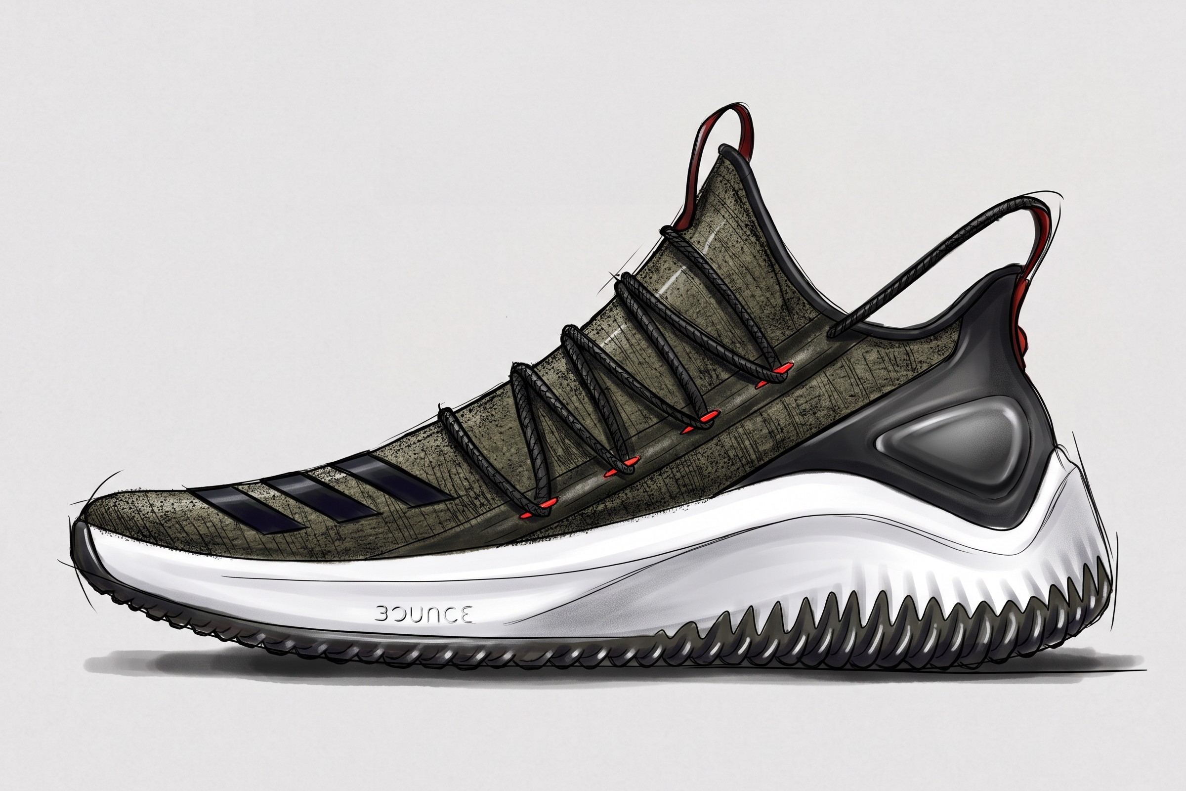 Rendering of the Dame D.O.L.L.A. in olive knit with black laces, red eyelets, a black heel cage and a white sawtooth Bounce midsole.