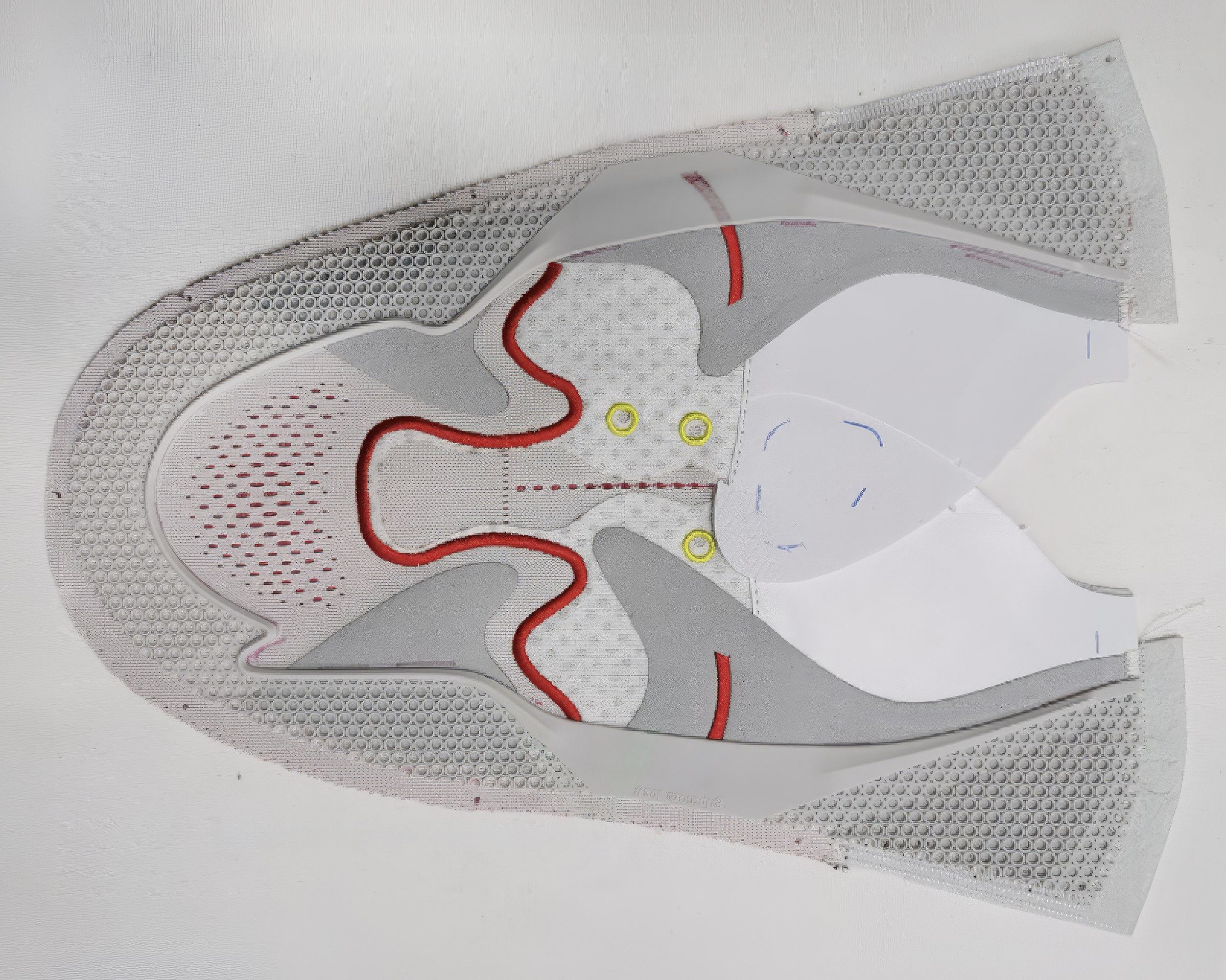 Printed Mid upper pattern on translucent film, with red stitch lines, perforated mesh zones and yellow eyelet marks.