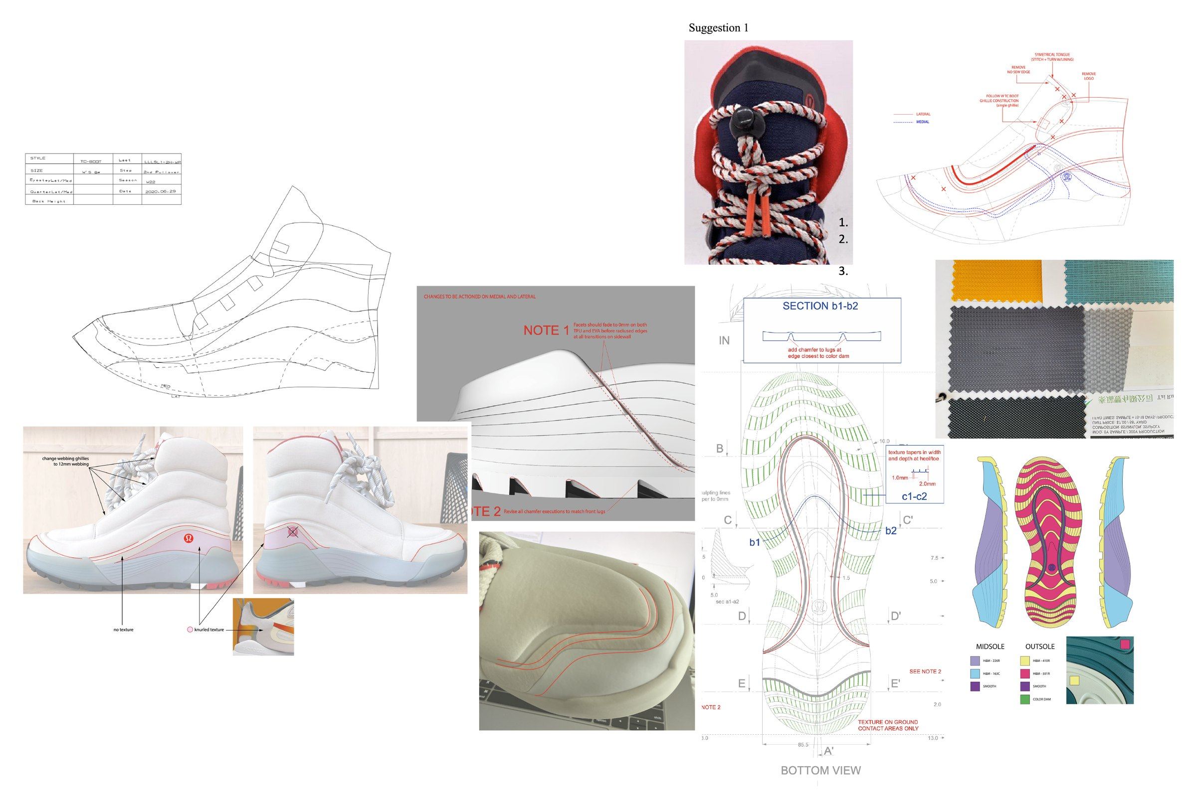 Revision board with upper pattern line art, marked-up pullover sample photos, outsole texture notes, material swatches, and a color-coded outsole map.
