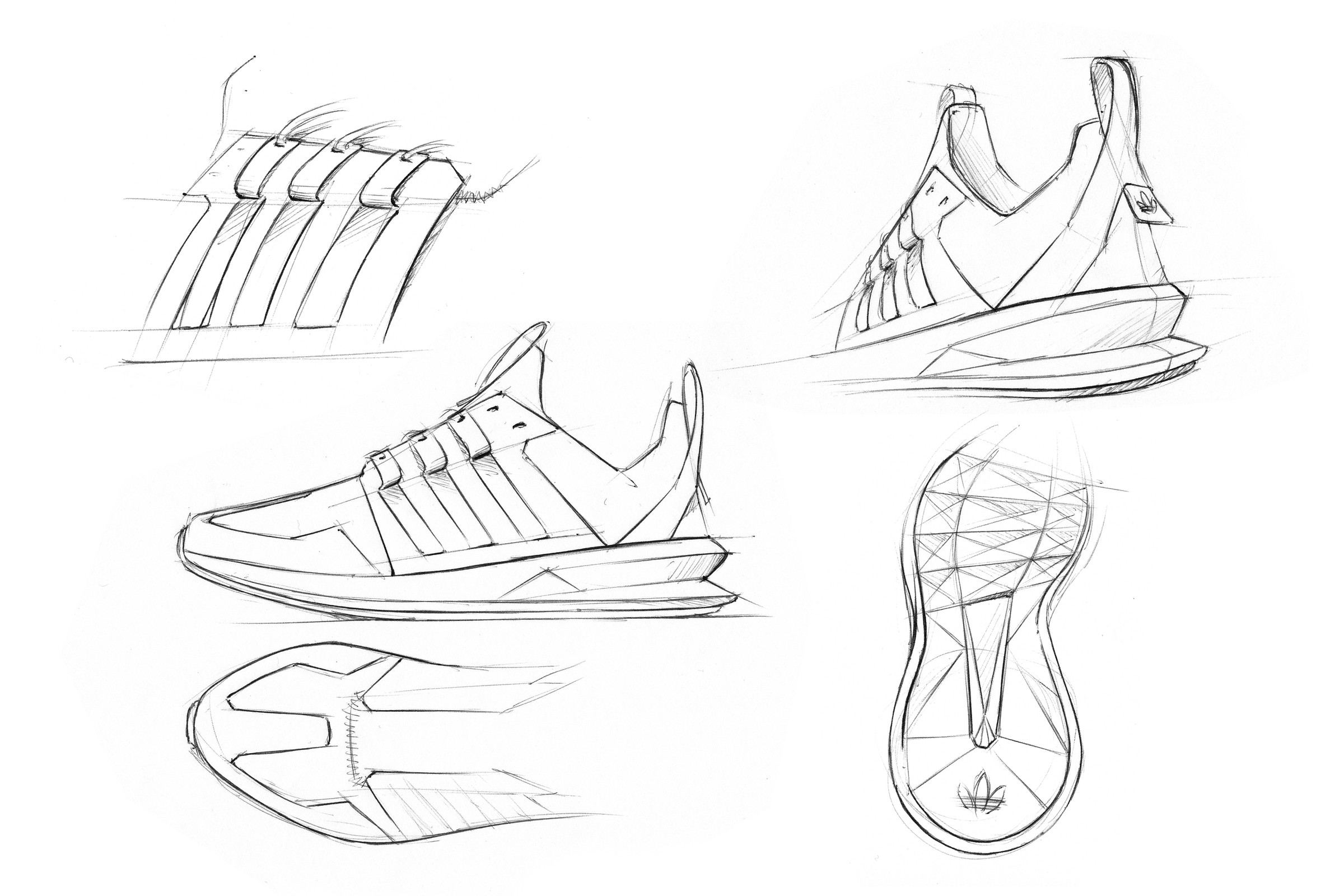 Pencil sketch collage of the SL Loop Runner, with looped stripe studies, a side profile, heel views and outsole drawings.