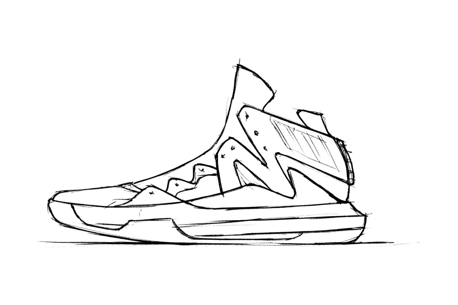 Pen side-profile sketch of a mid-top basketball shoe with a jagged zigzag overlay rising from the midfoot to the collar and three stripes set into a heel panel.