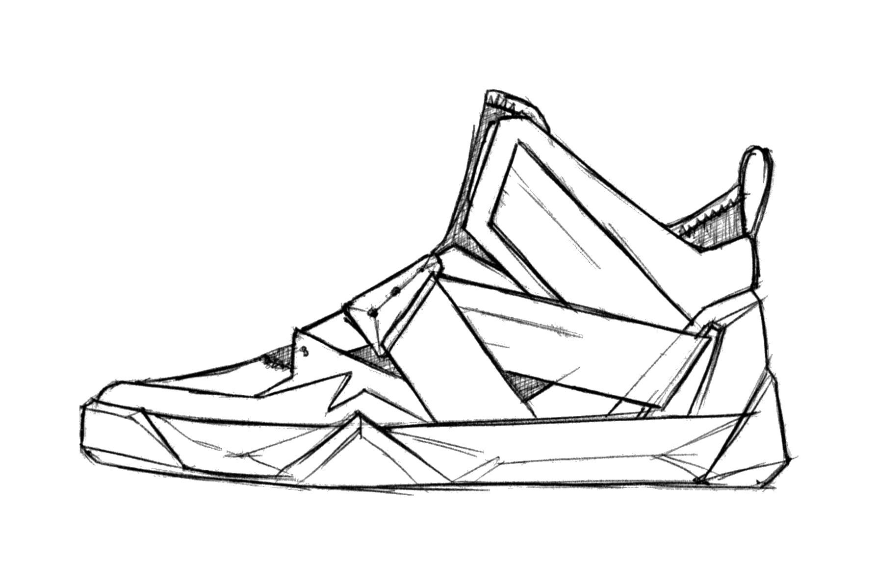 Pencil side-profile sketch of the C-10, a faceted high-top with angular overlapping panels, a strap across the instep and a zigzag midsole.