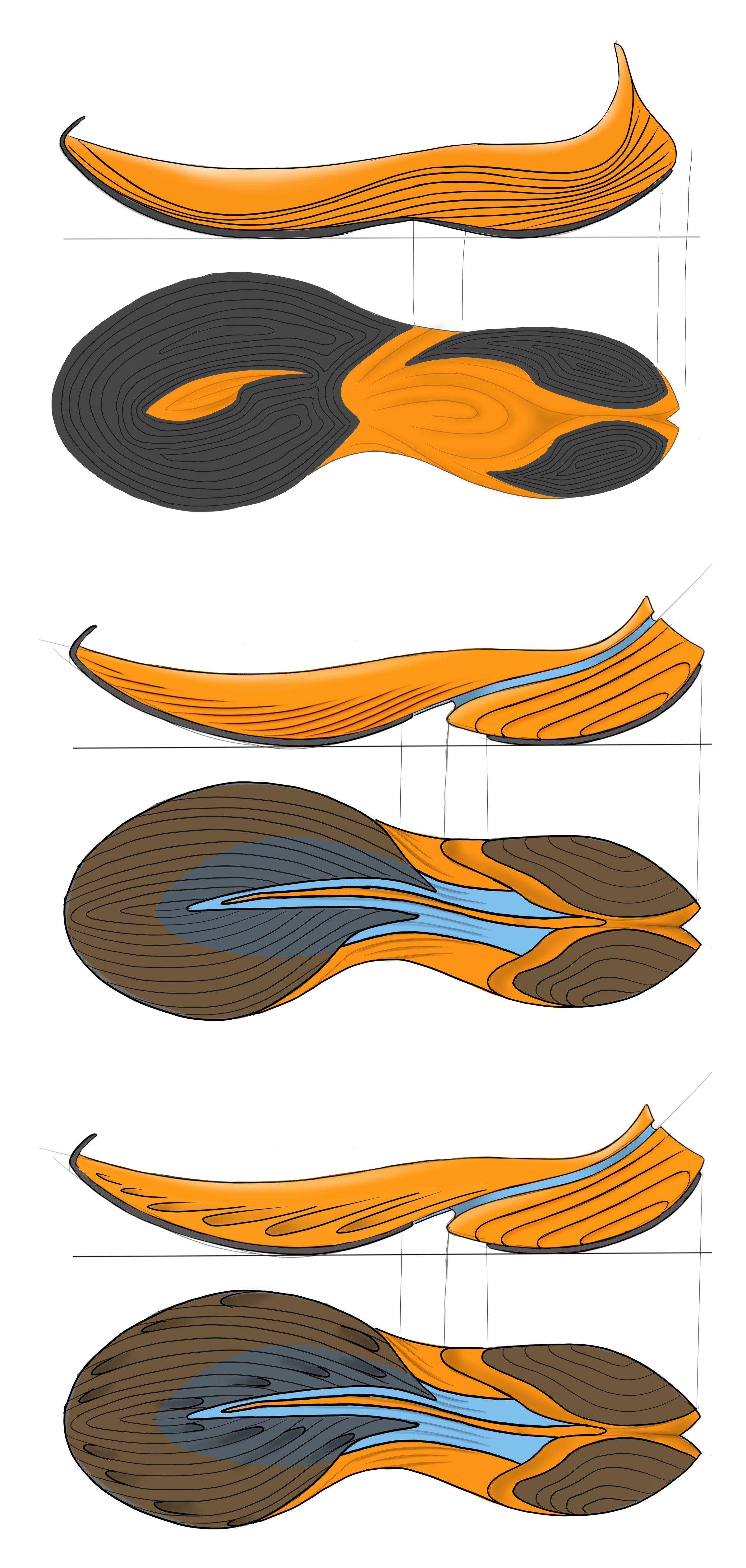 Three midsole studies stacked, each a side view of a sweeping orange midsole above its outsole, in grey, blue, and brown rubber zones.