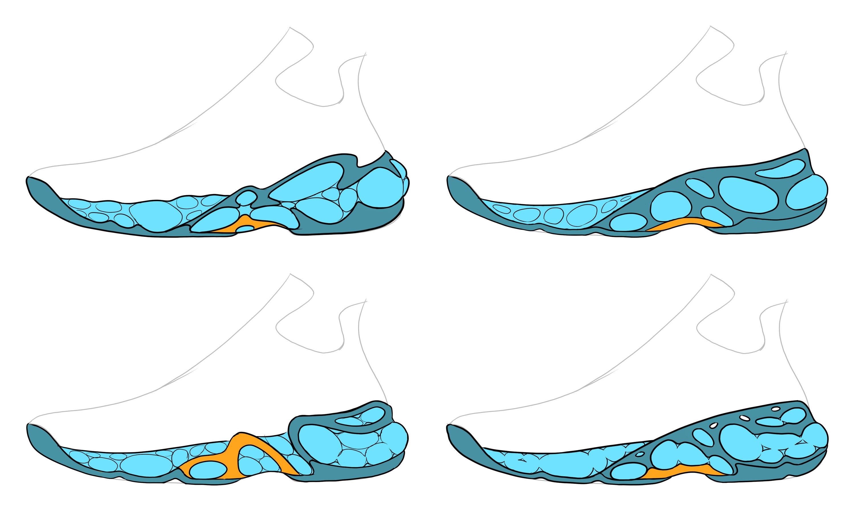 Four midsole studies in two rows under a faint shoe outline, each a teal rubber shell holding bubbles of blue Qu!kfoam, with an orange TPU shank set at the arch or heel.