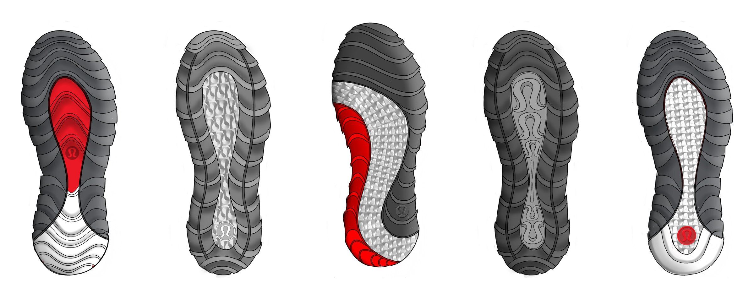 Five outsole sketches in grey with flowing lug bands, some with red and white heel and arch sections.