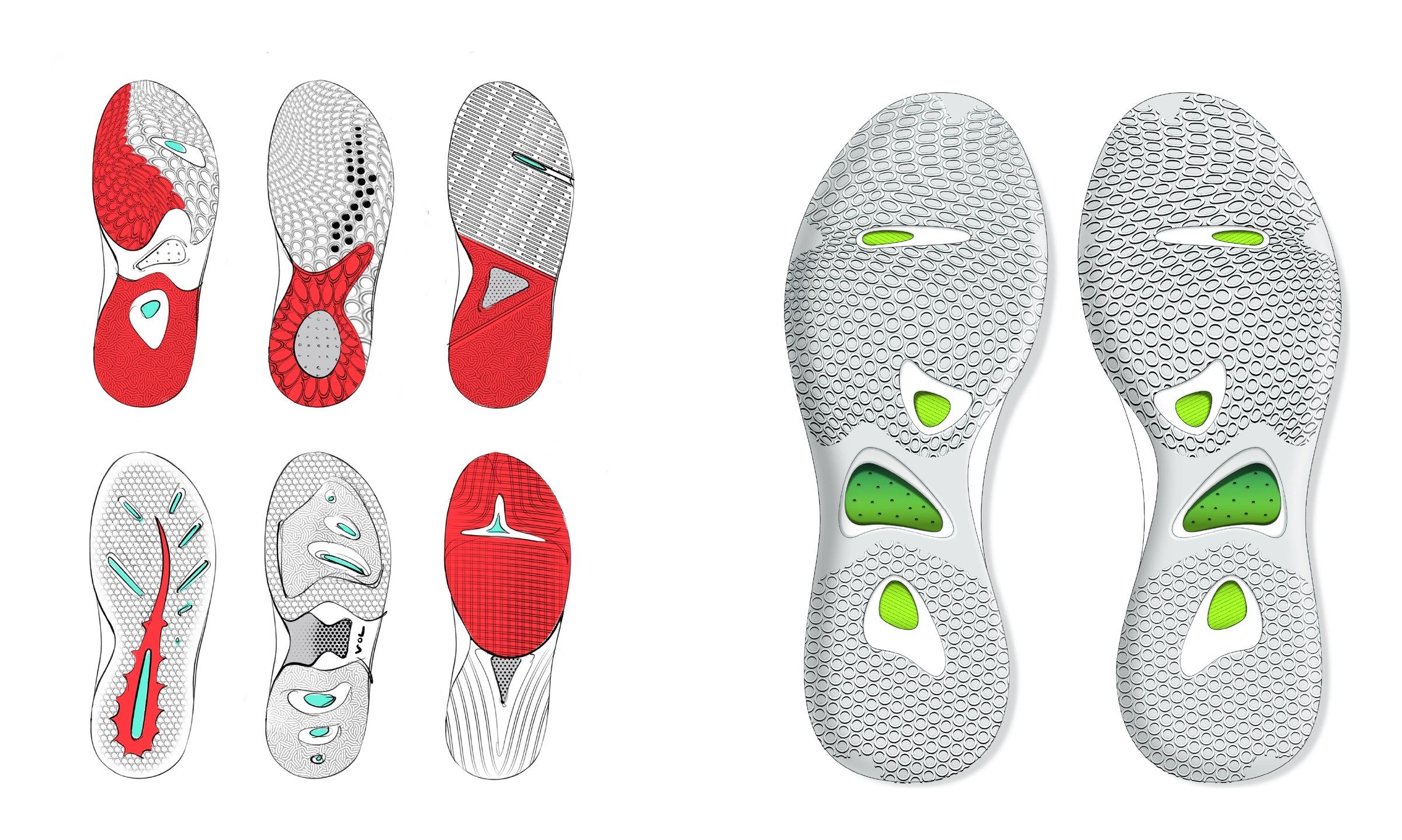 Outsole sketches in red, grey and teal next to a rendered pair of grey outsoles with lime green windows.
