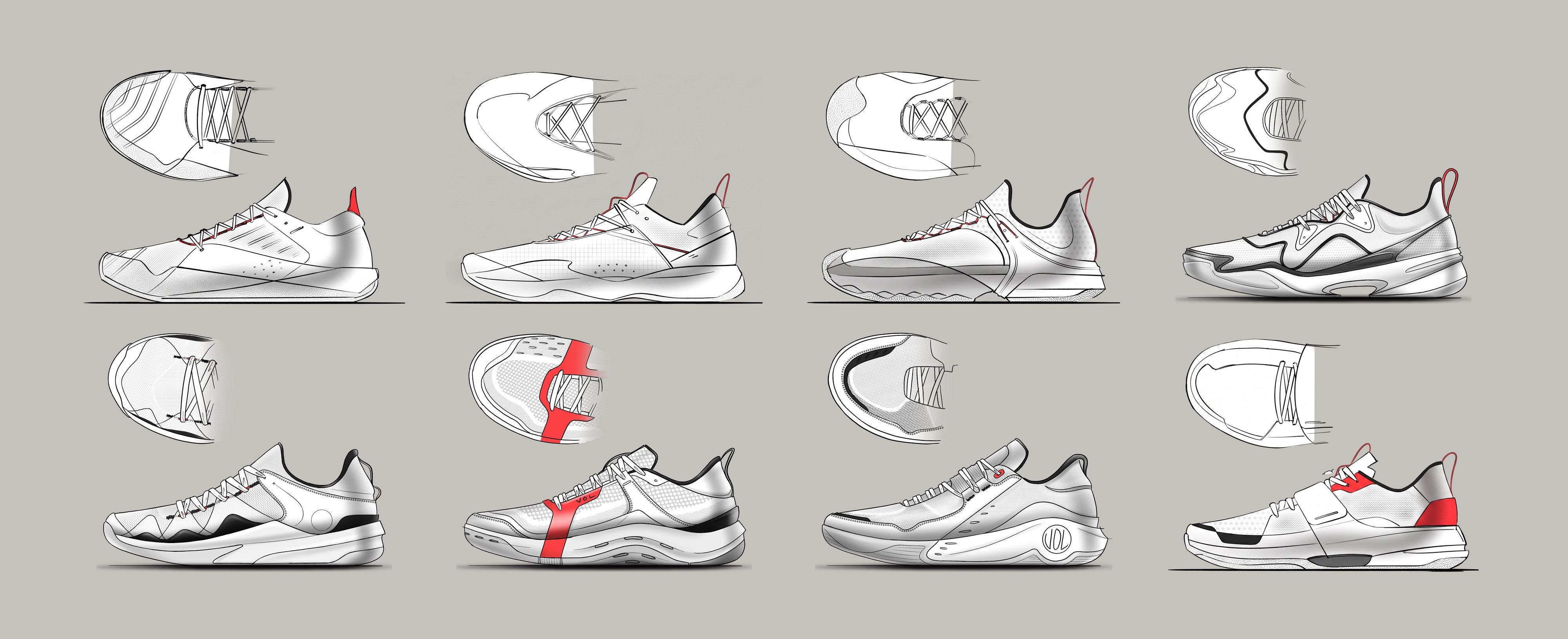 Phase 1.5, eight refined digital sketches, each a side view with a top-down view of the toe and lacing, using red accents, wave-shaped overlays and a VOL heel logo.