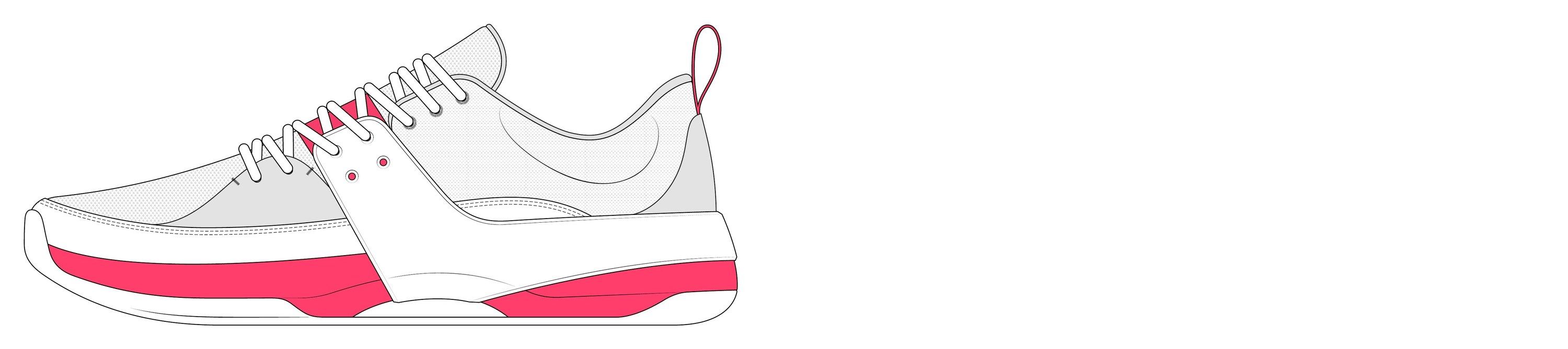 Phase 2, concept A, a low-top line rendering in white and grey with a wide midfoot strap and a pink midsole band.