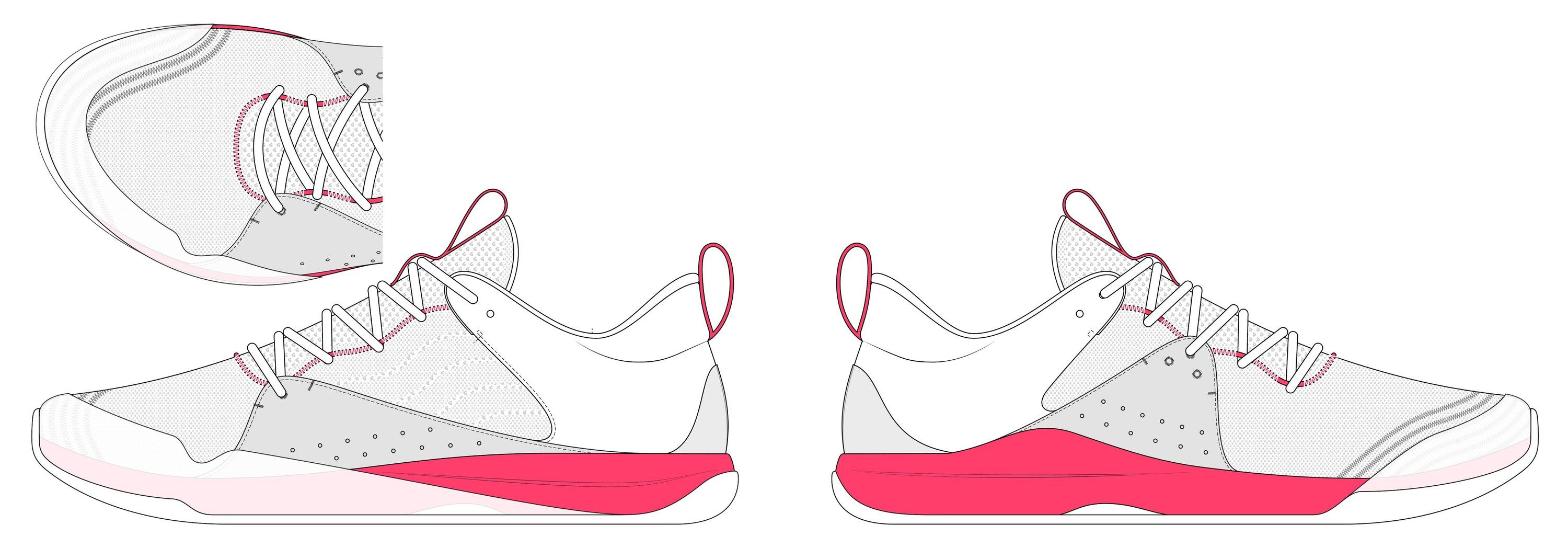 Phase 2, concept B, both sides, with a perforated grey quarter, pink stitching at the eyestays, a pink midsole wave and a top-down view of the toe.