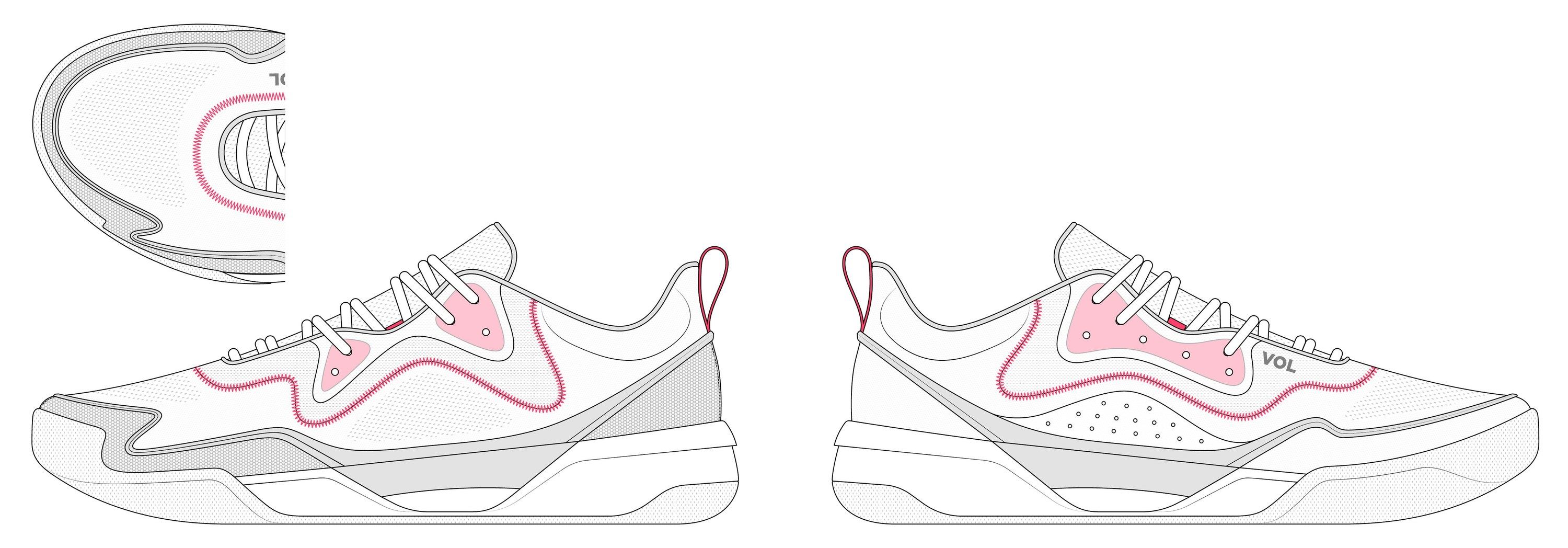 Phase 2, concept C, both sides, with a pink-outlined wave overlay around the eyestays, a VOL logo at the quarter and a top-down view of the toe.