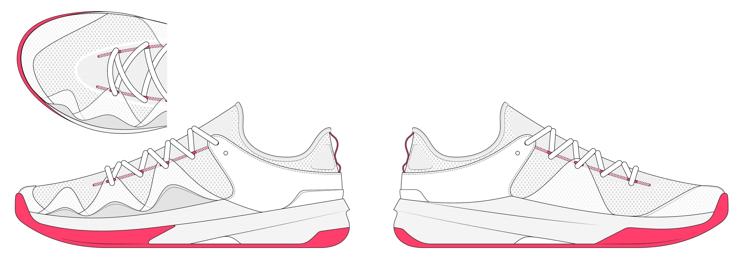 Phase 2, concept D, both sides, with layered grey overlays on a pink outsole and a top-down view of the toe.
