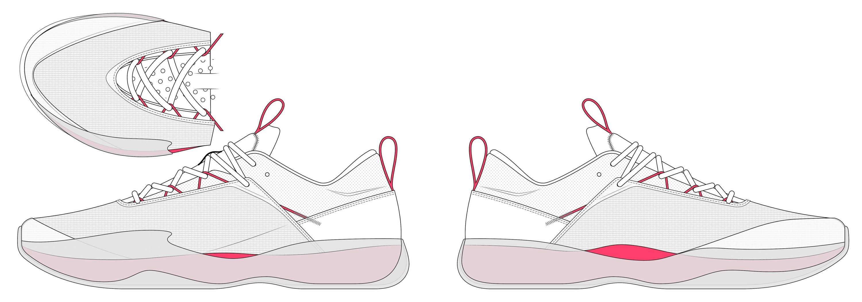 Phase 2, concept E, both sides, with pink lacing accents, a pale pink midsole and a top-down view of the toe.