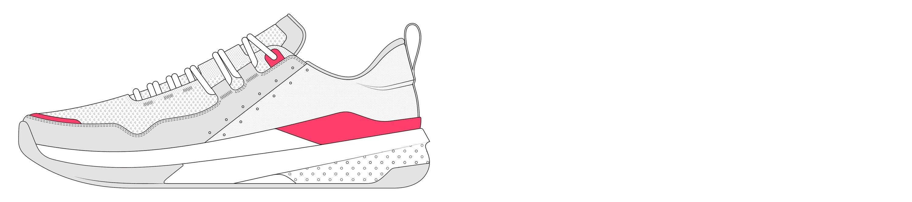 Phase 2, concept H, with pink accents at the collar and heel, a grey toe and a dotted heel.