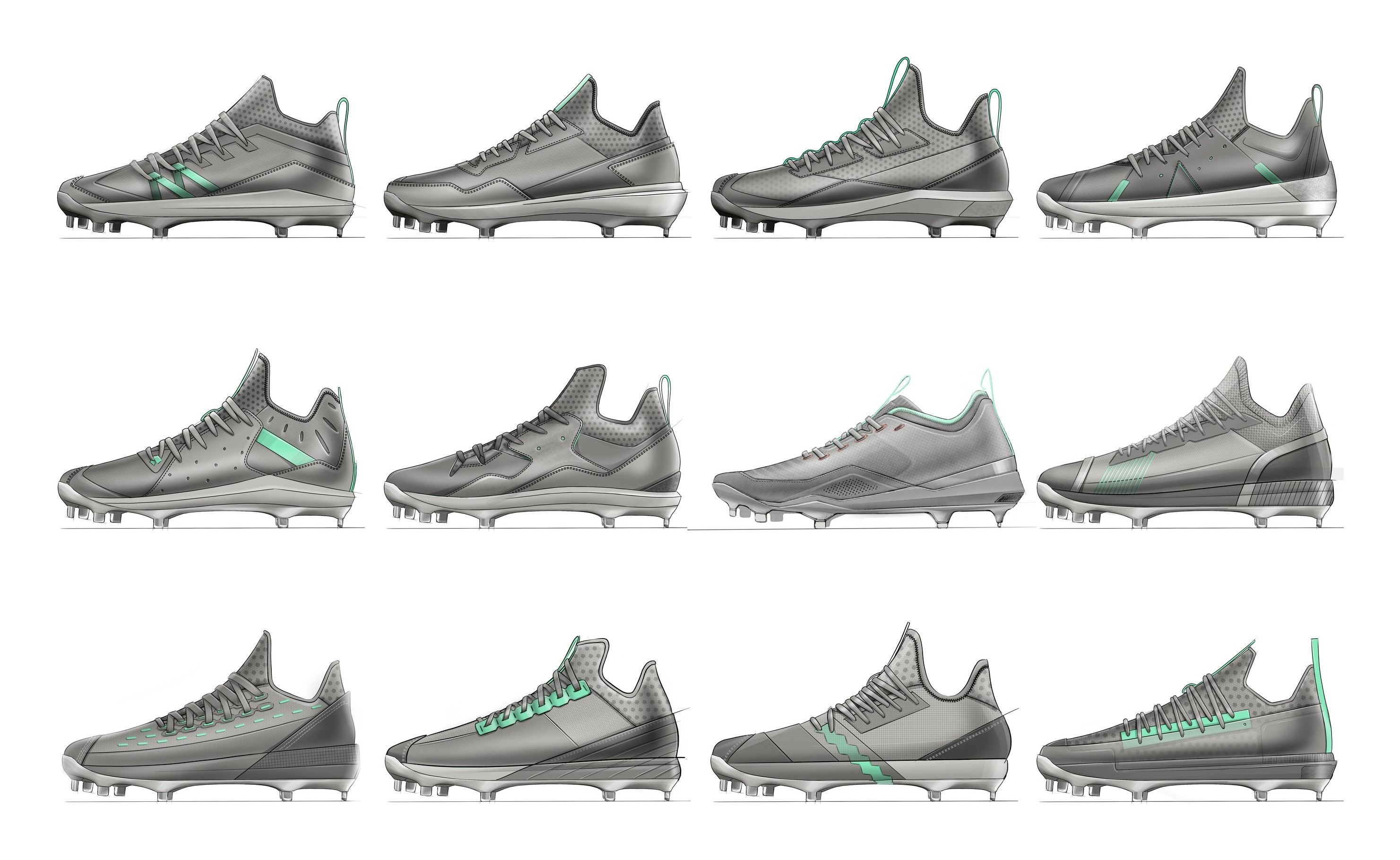 Twelve first-round cleat sketches in grey marker in three rows of four, from classic low cuts to sock-collar designs with mint and rose gold accents.
