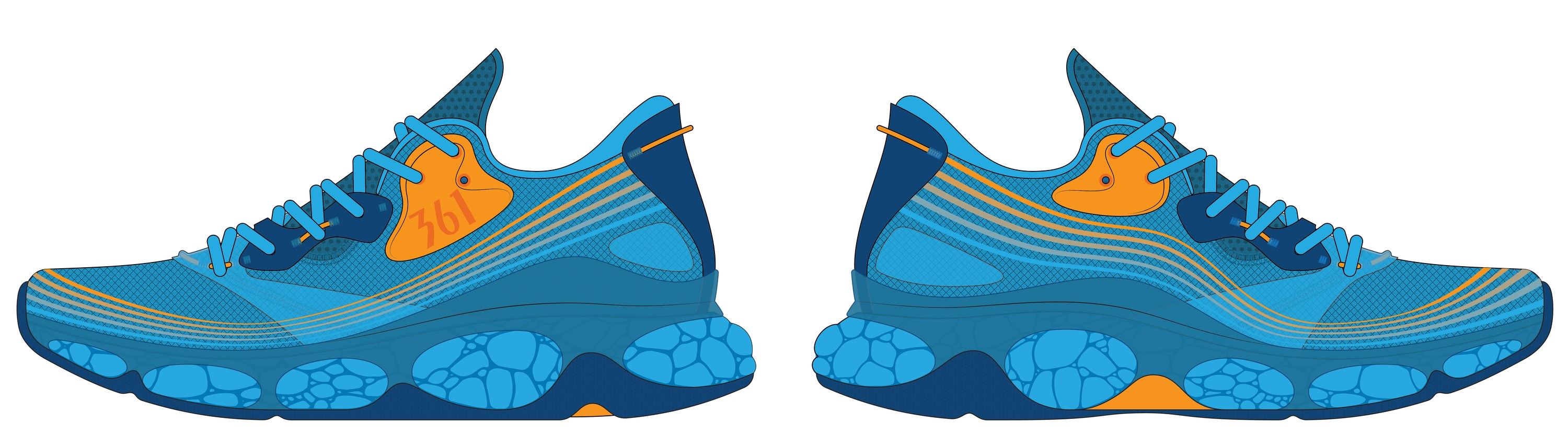 Line art of design A in blue, both sides, with orange stripes across the quarter, an orange 361° heel badge, and a bubbled midsole.
