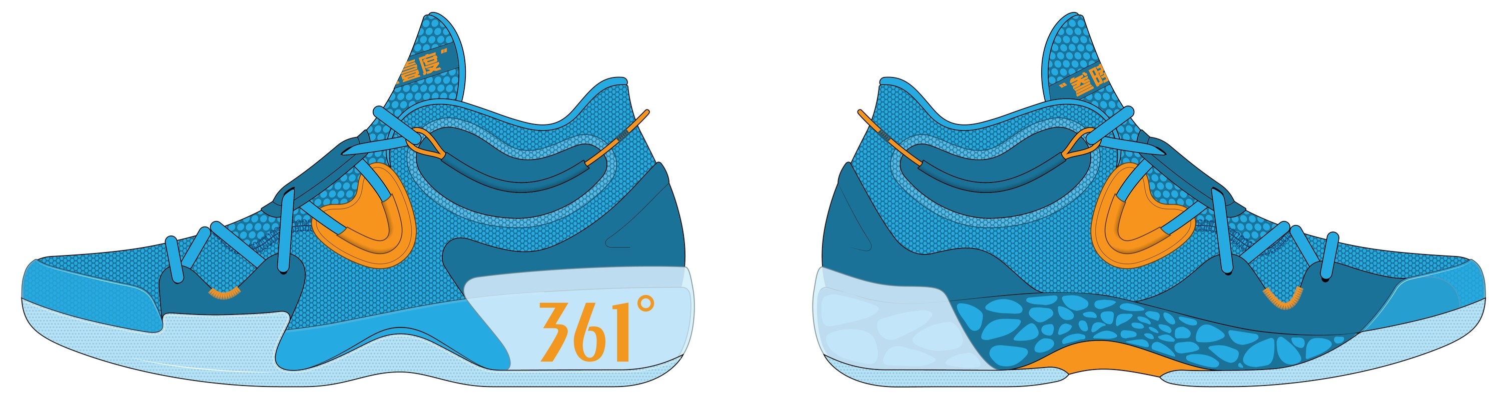 Line art of design C in blue, both sides, with an orange swirl at the collar and a pale blue heel wrap printed 361°.