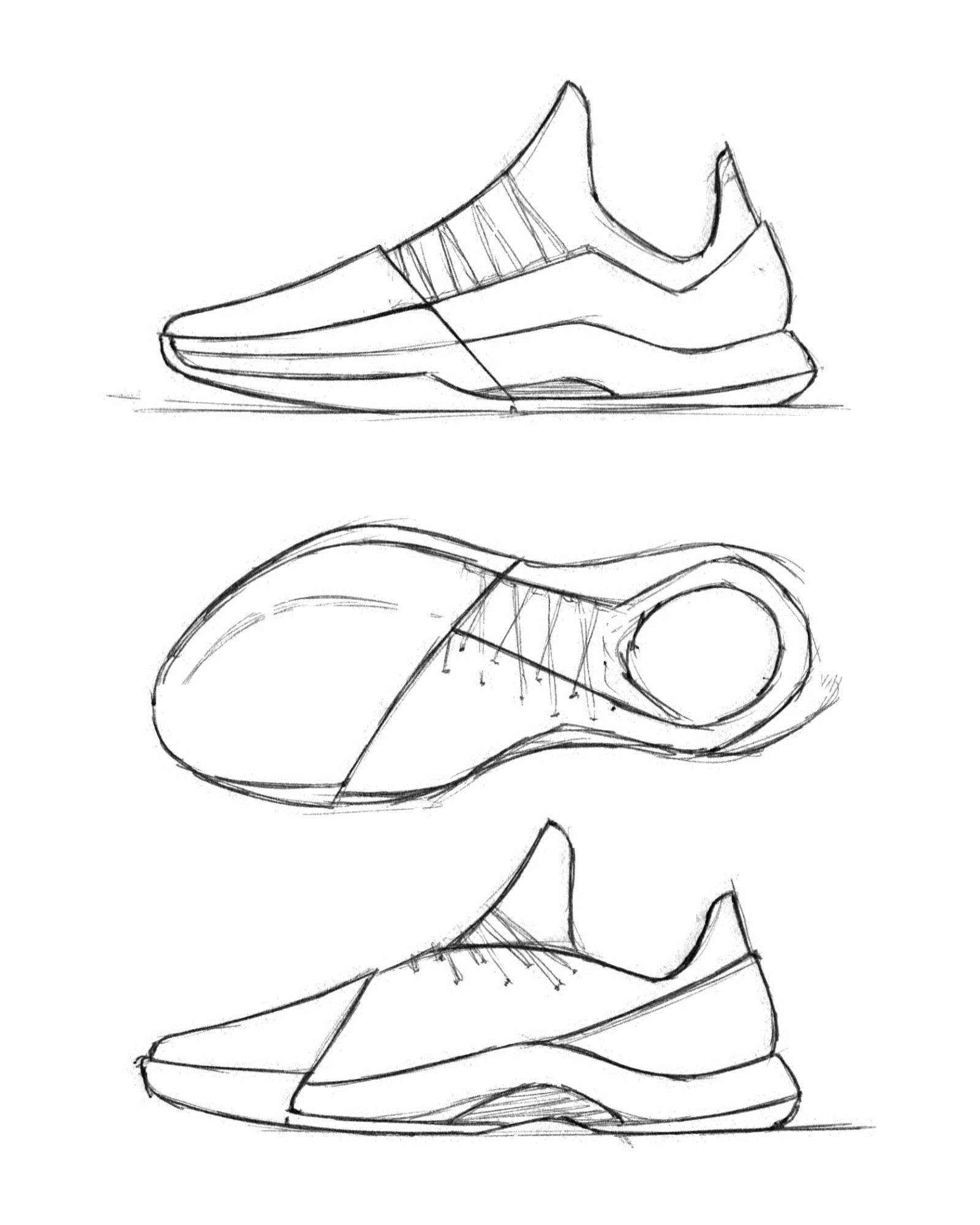 Version A three-view sketch of a low-top basketball shoe, lateral, top, and medial views stacked, with a diagonal overlay across the lacing.