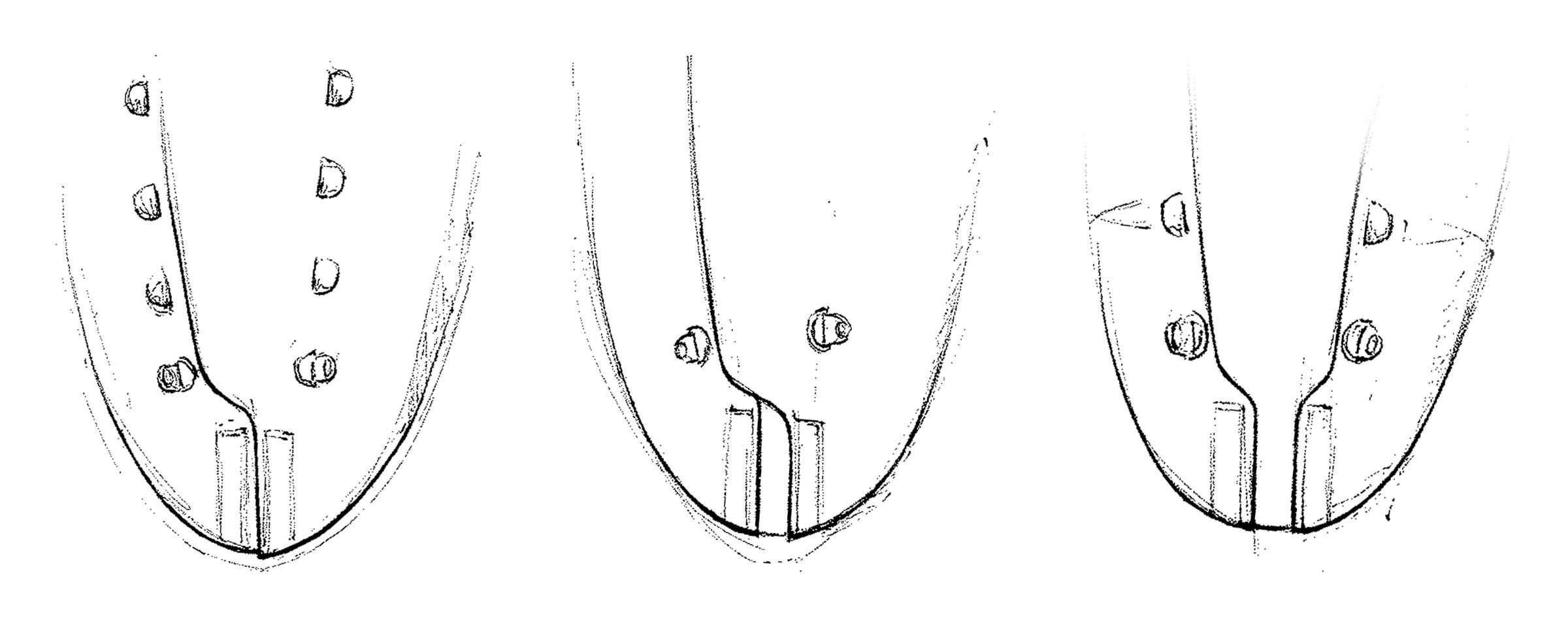 Three pencil top-down studies of the toe and lacing side by side, toes pointing down, with variations in eyelet and D-ring placement.