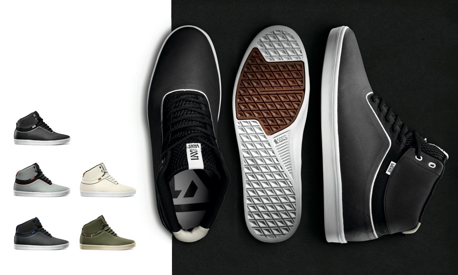 The Stat mid in black from the top, bottom and side on black, beside smaller views of the black, grey, cream and olive colorways.