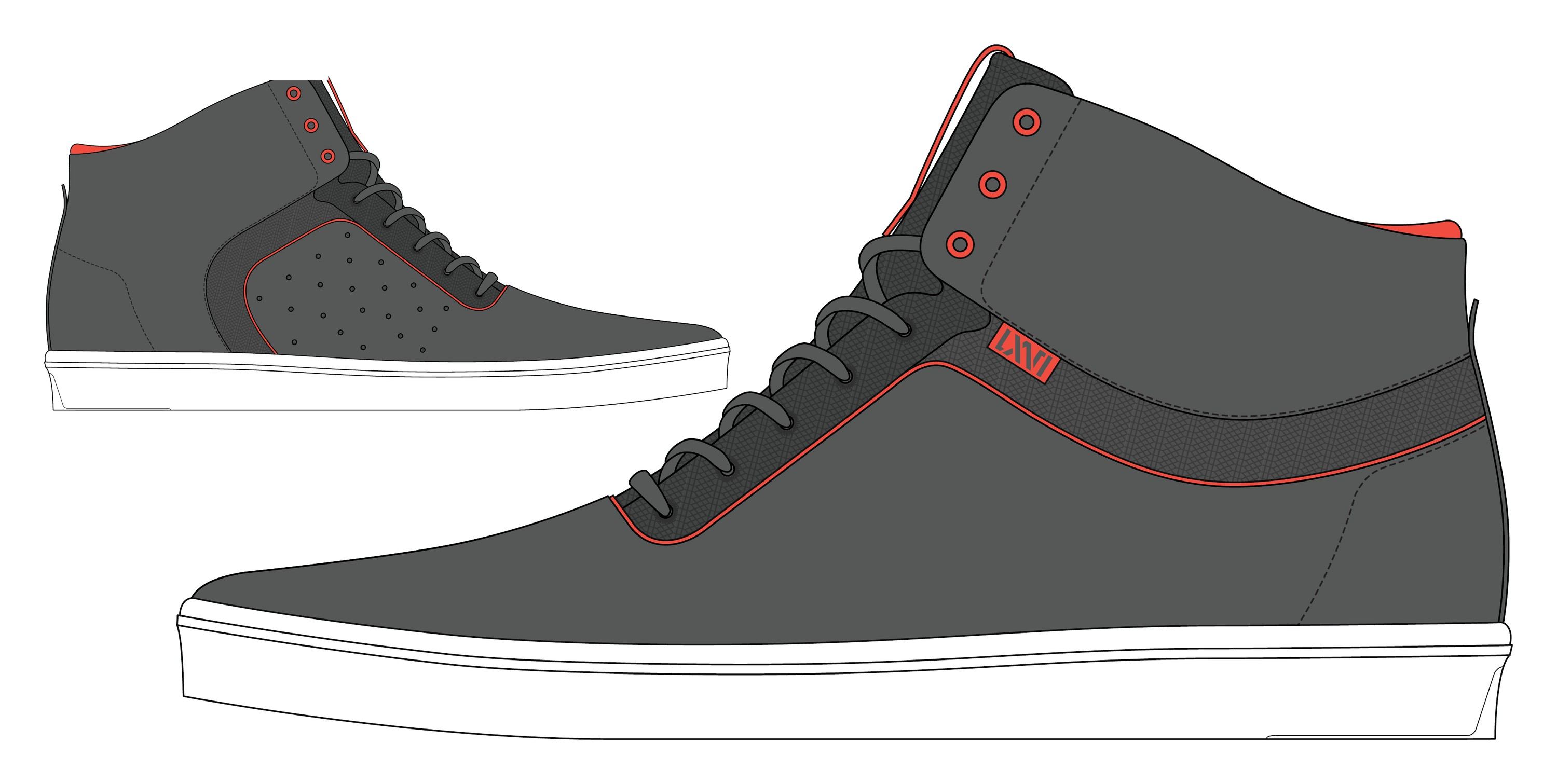 Color drawing of the Stat in charcoal with red piping and a red heel label, lateral and medial.
