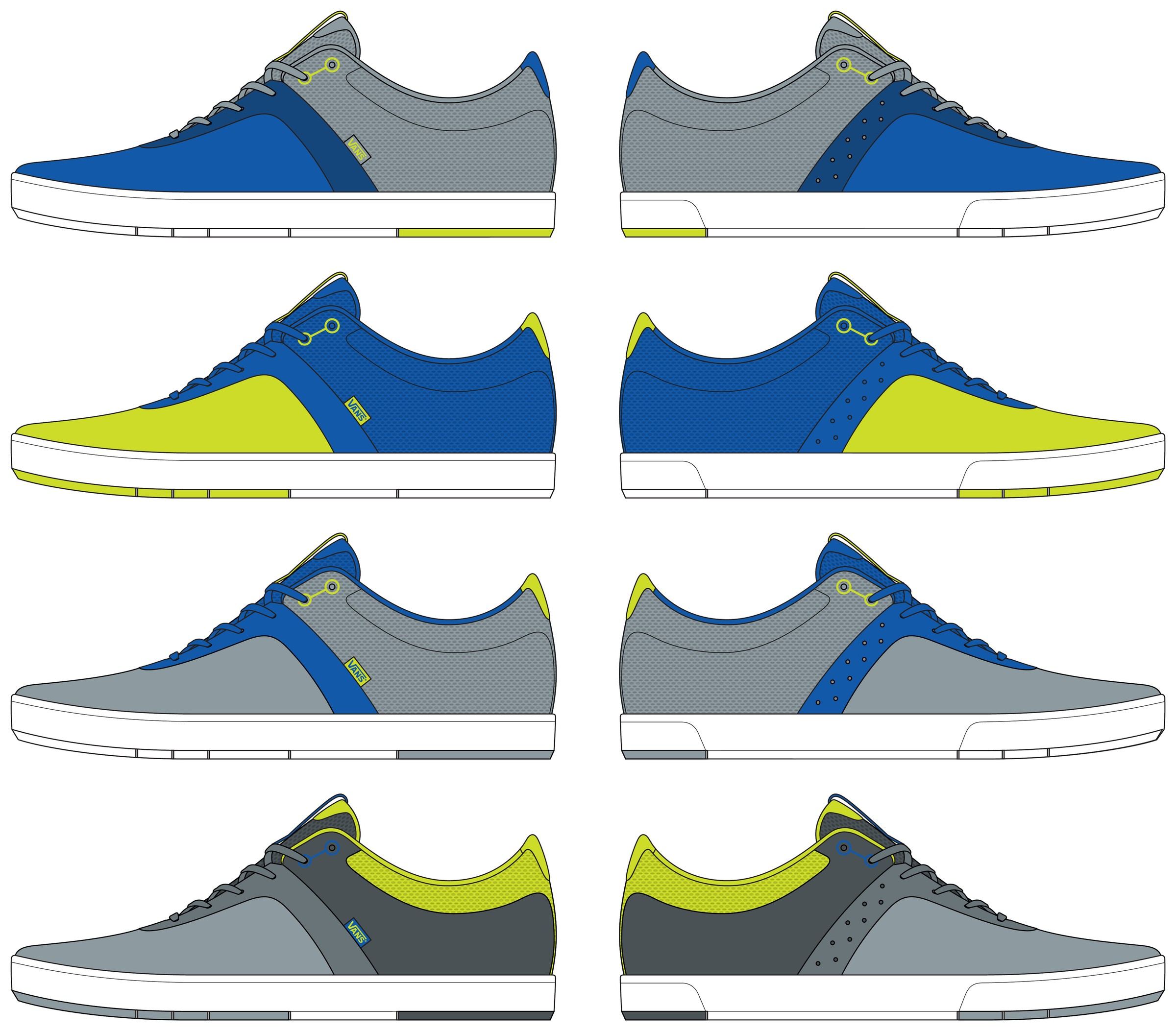 Eight color blocking options for the Style 16 in blue, grey and lime, lateral and medial.