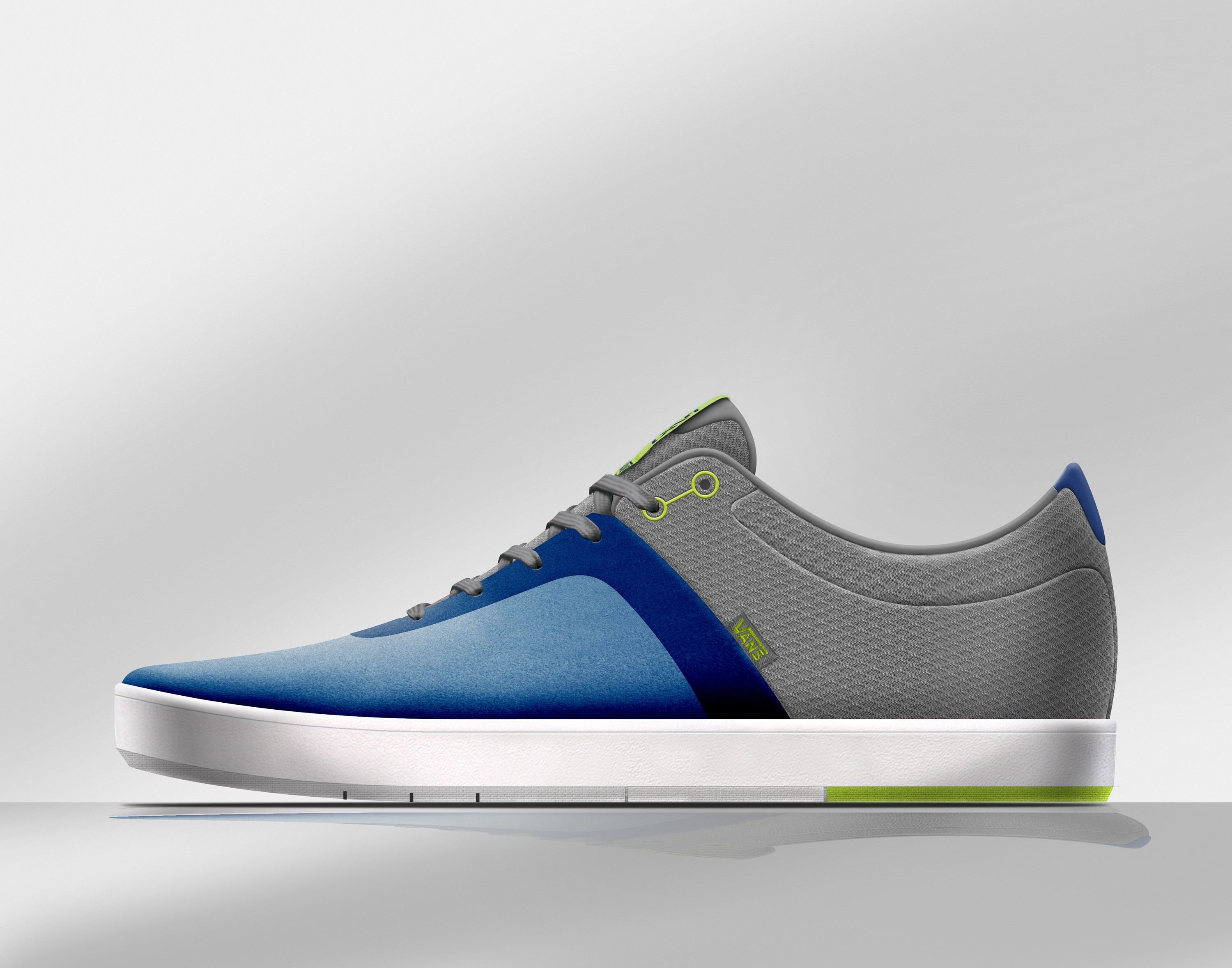 Render of the Style 16 in blue and grey with a dark blue band, a lime heel and a white cupsole.