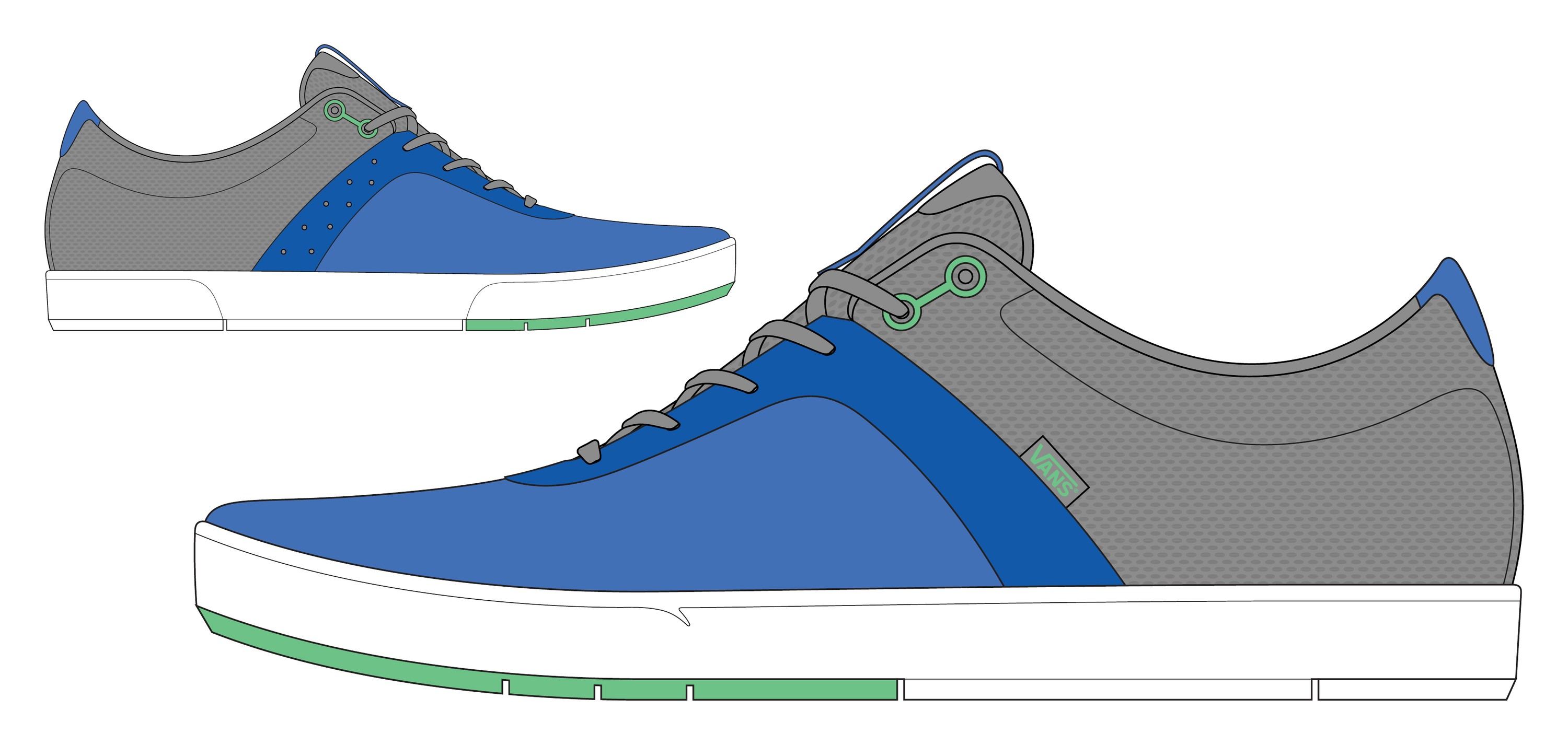 Color drawing of the Style 16 version B in blue and grey with a green outsole stripe, lateral and medial.