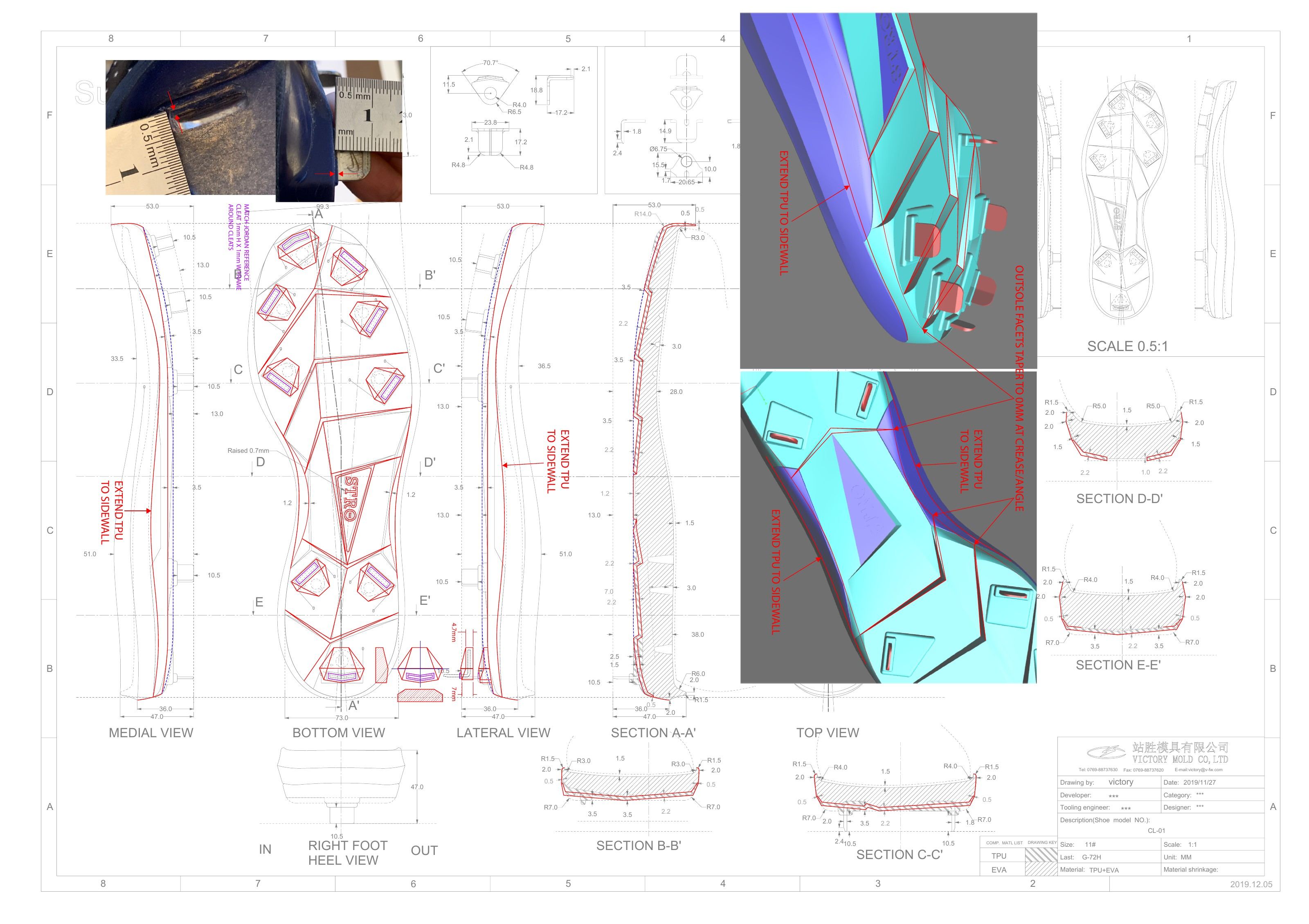Factory blueprint for the plate mold, with medial, bottom, lateral, and top views, cross sections, and 3D renders of the stud shapes.