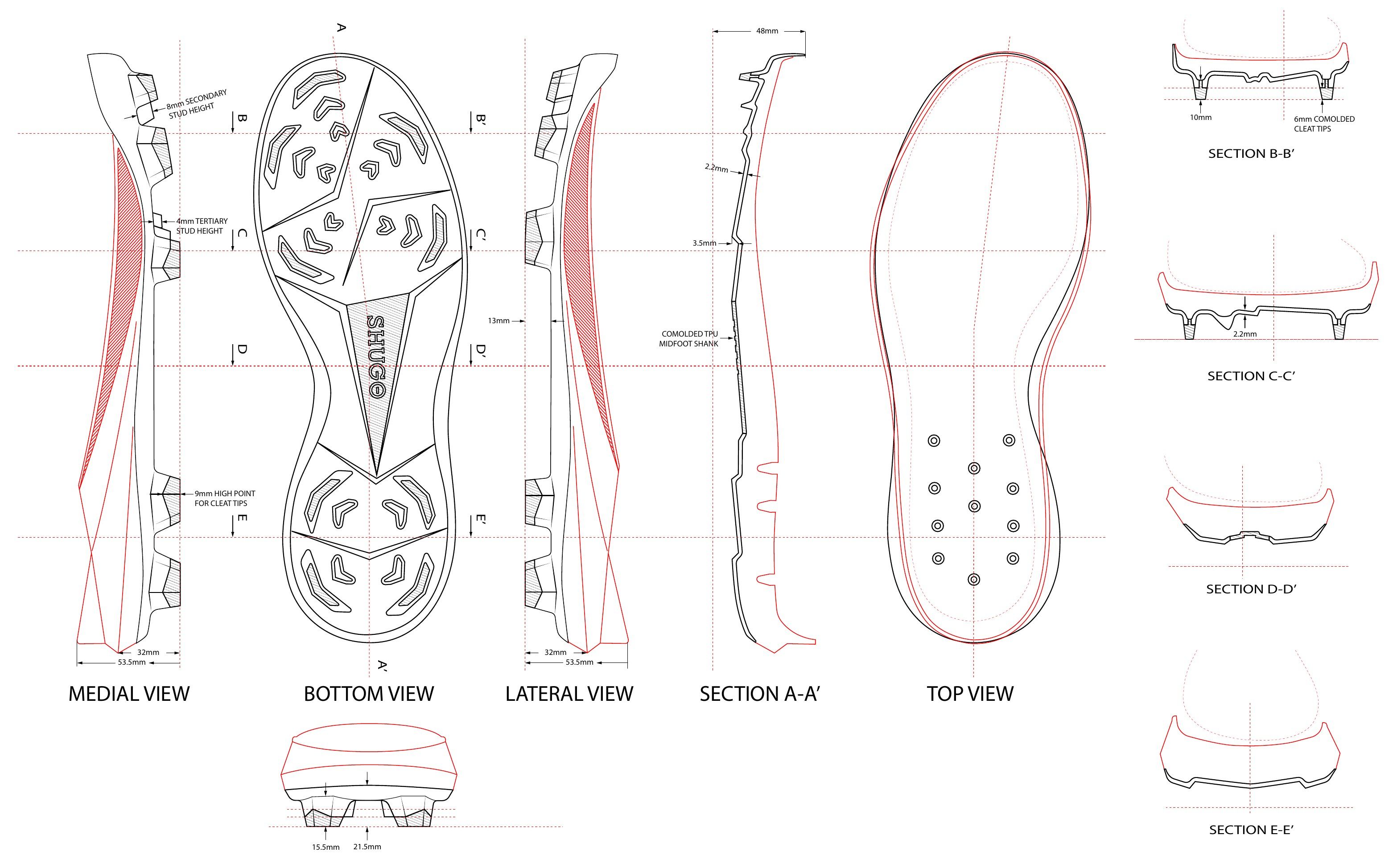 Blueprint for the KAI 1 plate, with medial, bottom, lateral, and top views and cross sections of the stud layout.
