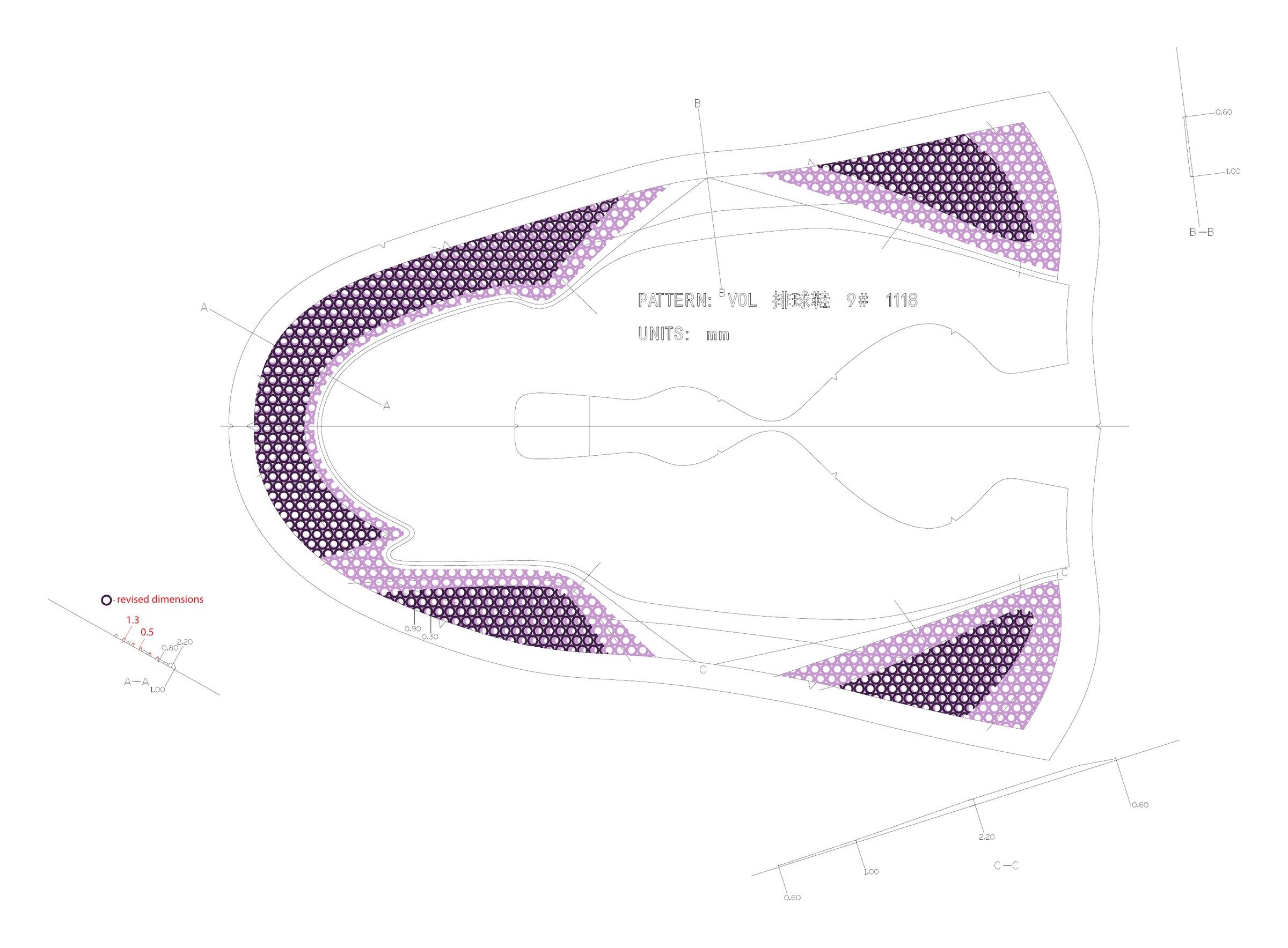 Flow-molding pattern for the upper, with purple perforated zones at the toe and quarters.