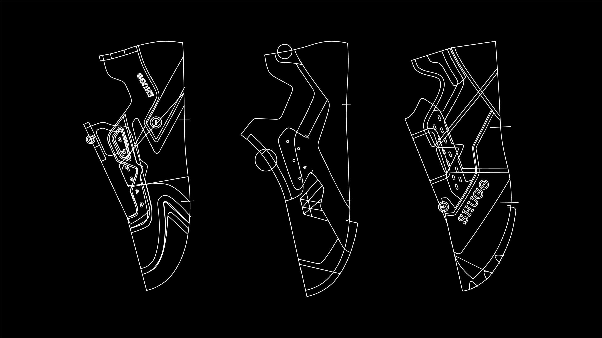 White line art of the cleat on black, three views of the upper's pattern pieces with the SHUGO wordmark and logo mark.