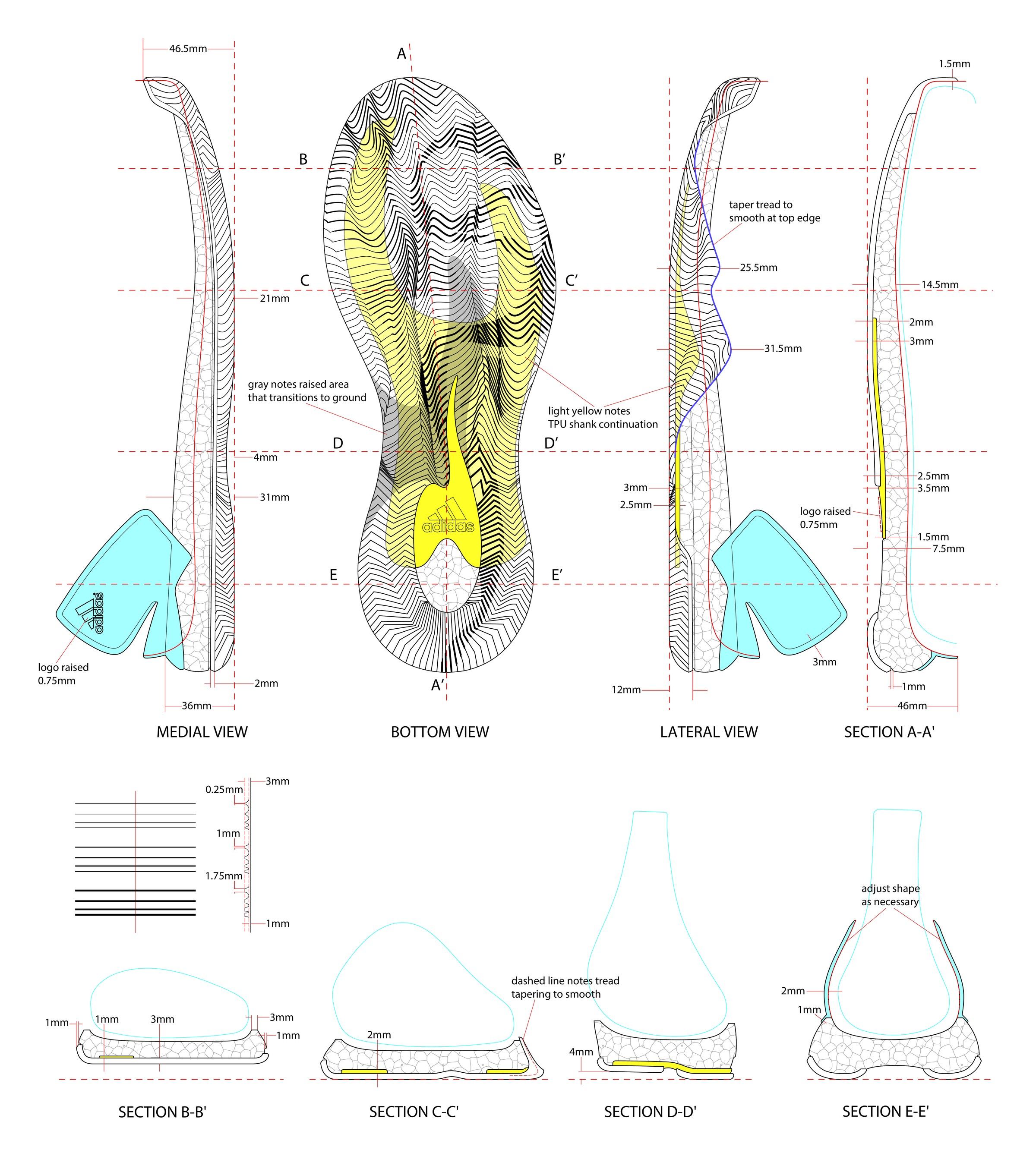 Outsole tooling drawing for the D Rose 7 with medial, bottom and lateral views, section A-A', cross sections B to E, a wavy traction pattern, a yellow TPU shank and an aqua heel piece, all dimensioned in millimeters.