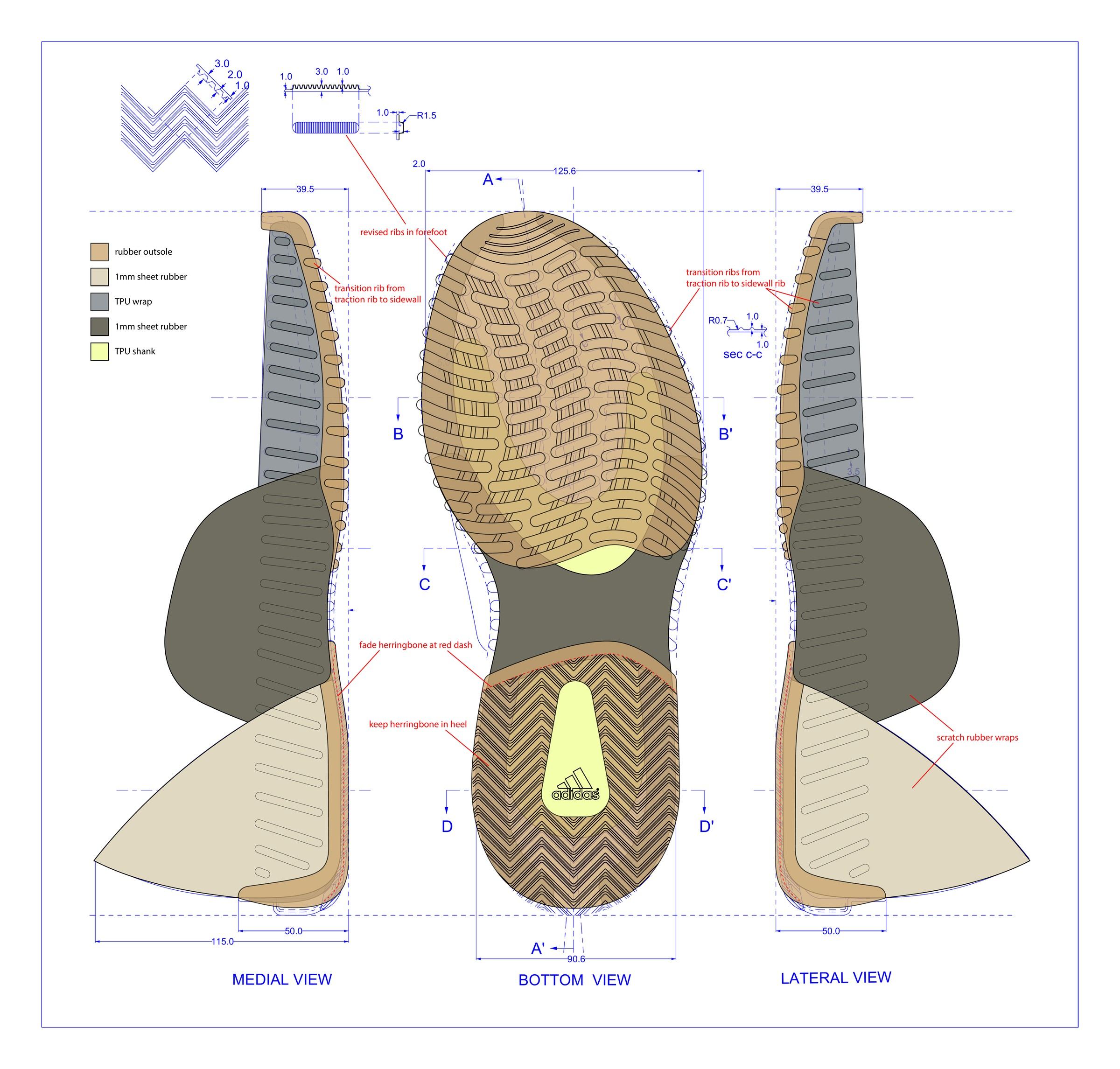 Outsole drawing for the basketball knit with medial, bottom and lateral views, a herringbone traction pattern, a TPU shank and heel wrap, and section lines B to D.