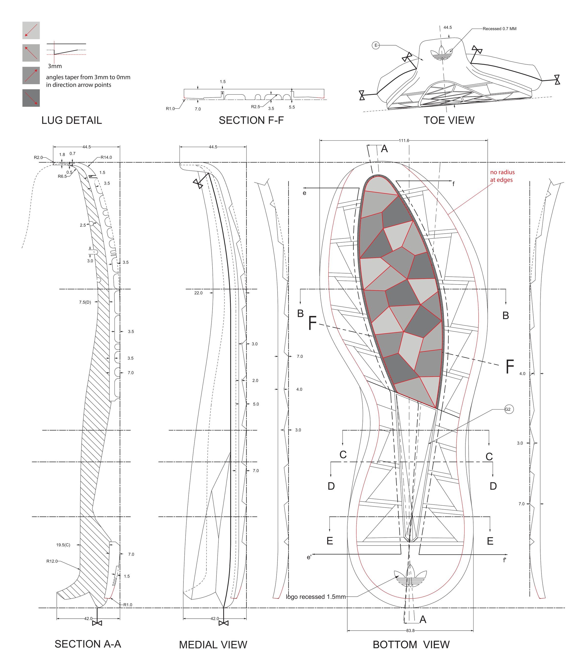 Outsole tooling drawing for the SL Loop Moc with a lug detail key, section F-F, a toe view, section A-A, a medial view and a bottom view with a faceted gum pod, a Trefoil recessed at the heel and dimensions in millimeters.