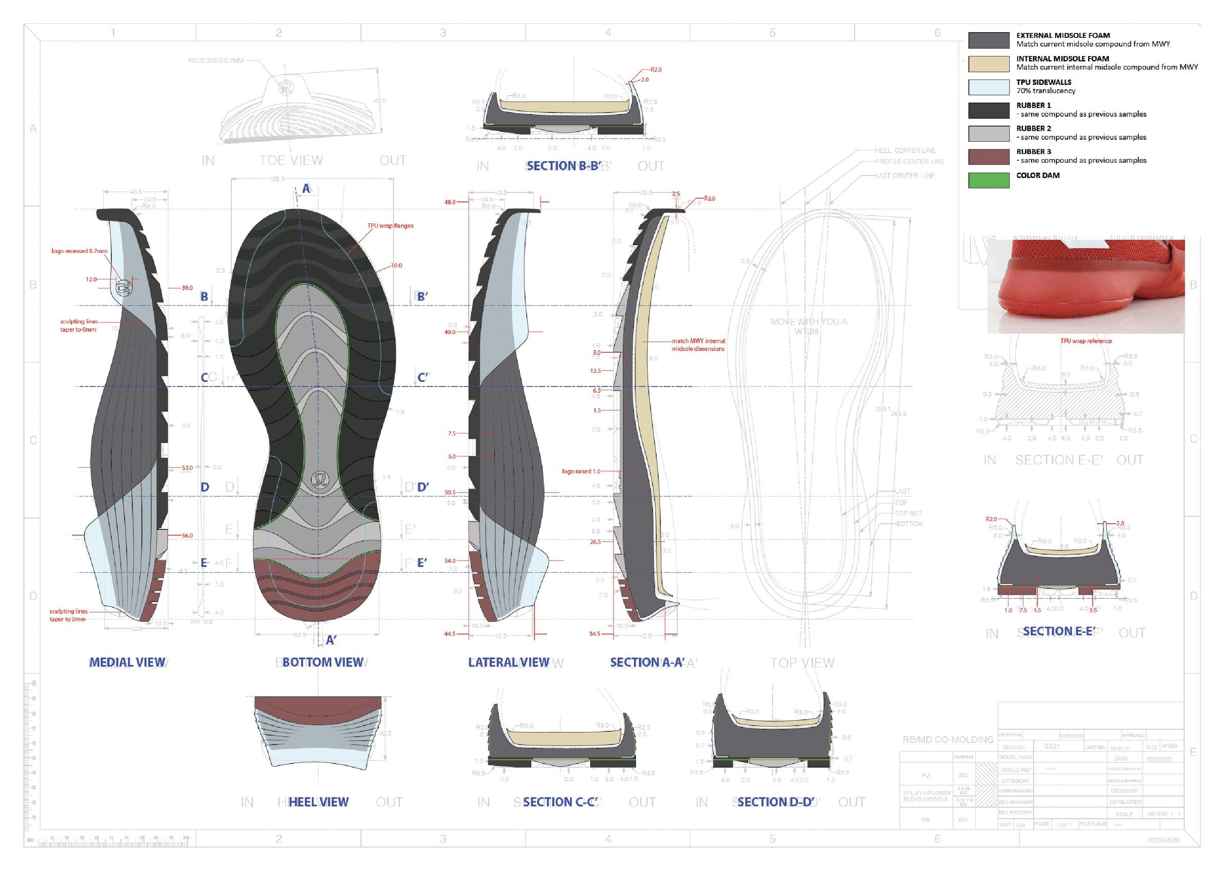 Bottom-unit tooling blueprint with medial, bottom, lateral, heel, and toe views, dimensioned cross-sections, and a material legend.