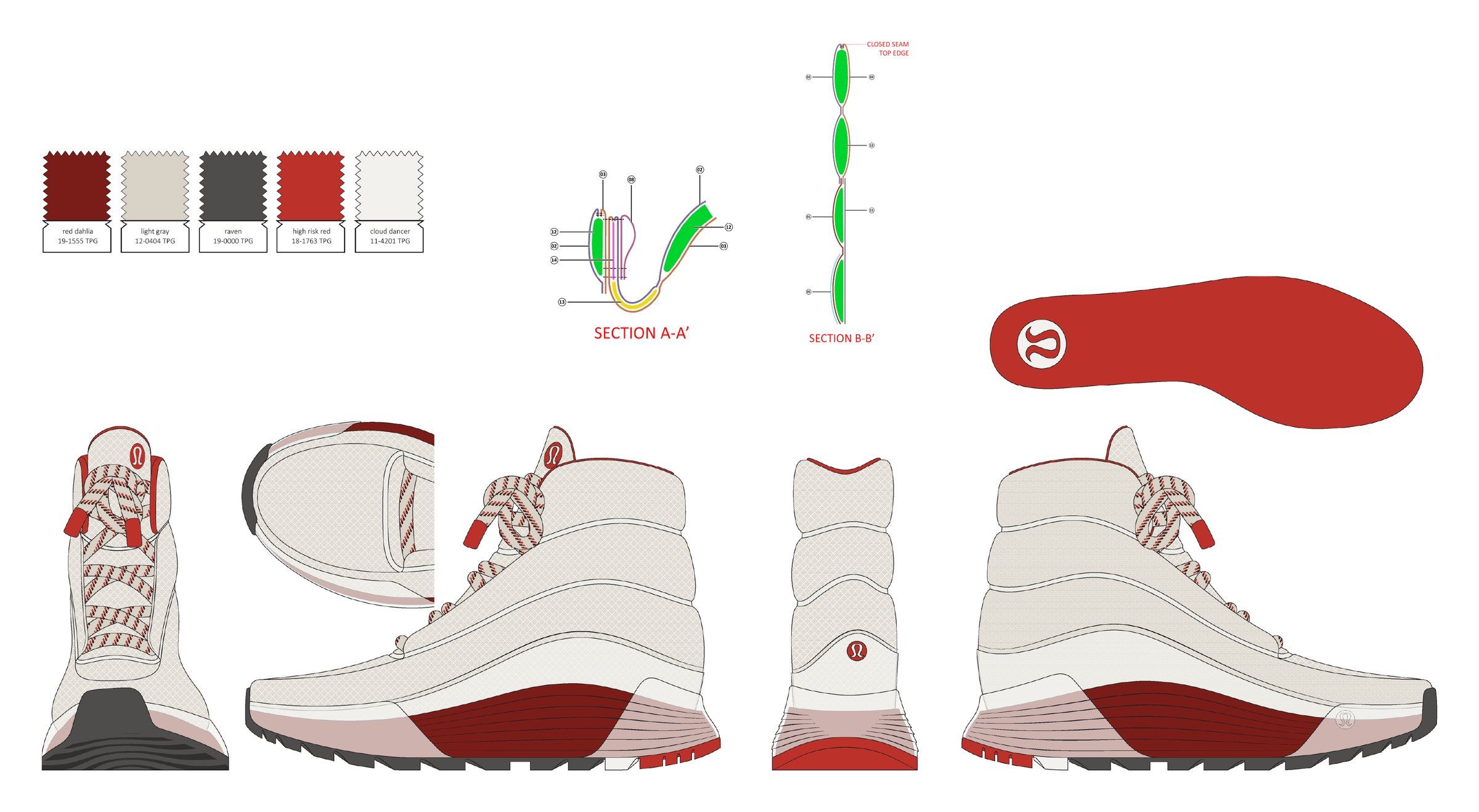 Color CAD of the cream boot in front, lateral, back, and medial views, with color swatches, collar cross-sections, and a red sockliner.