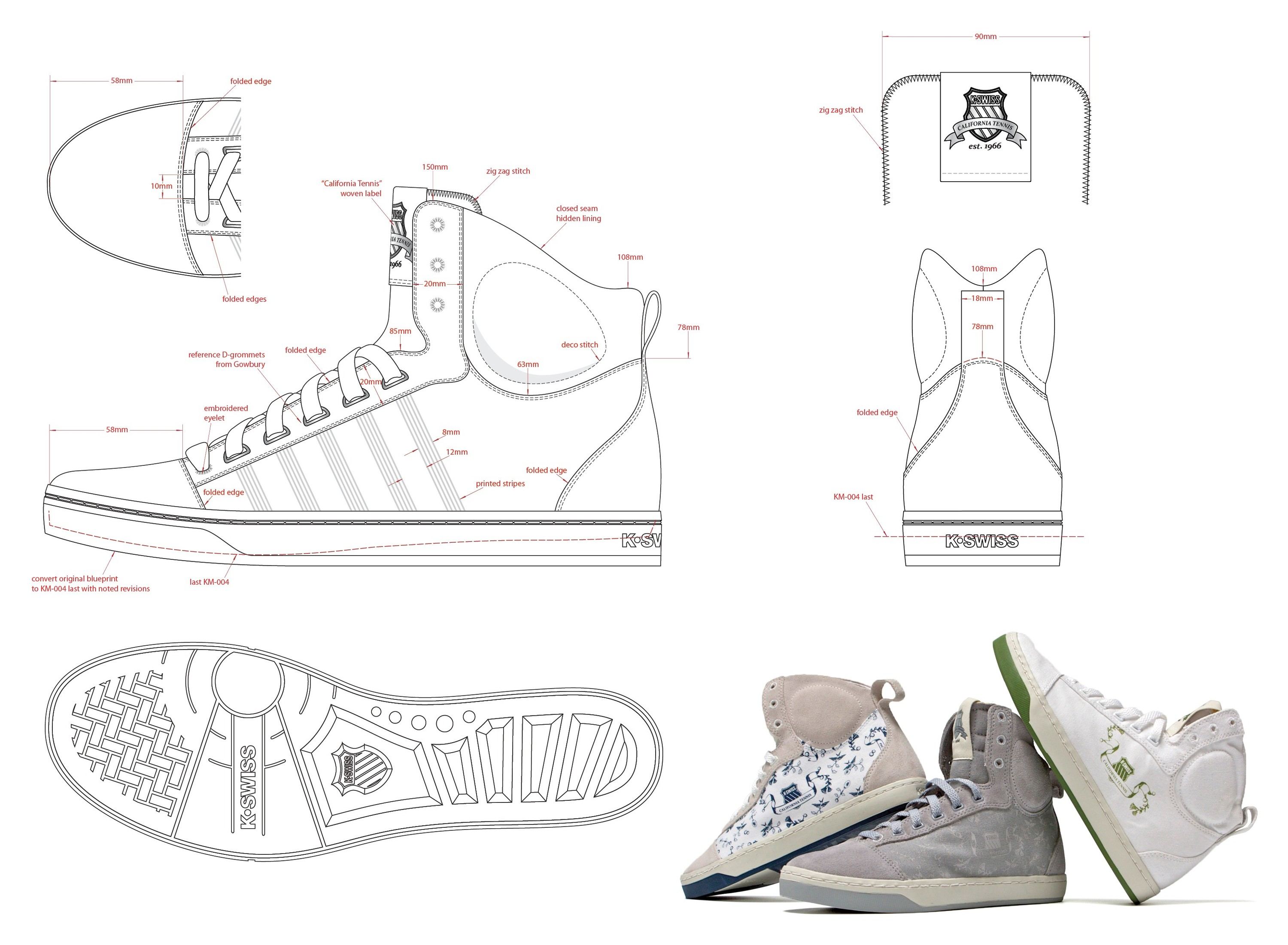 Tech drawings of the Slyon mid, side, back, tongue and outsole, with red notes on folded edges and the woven California Tennis label, beside three mids in toile, grey suede and white canvas.